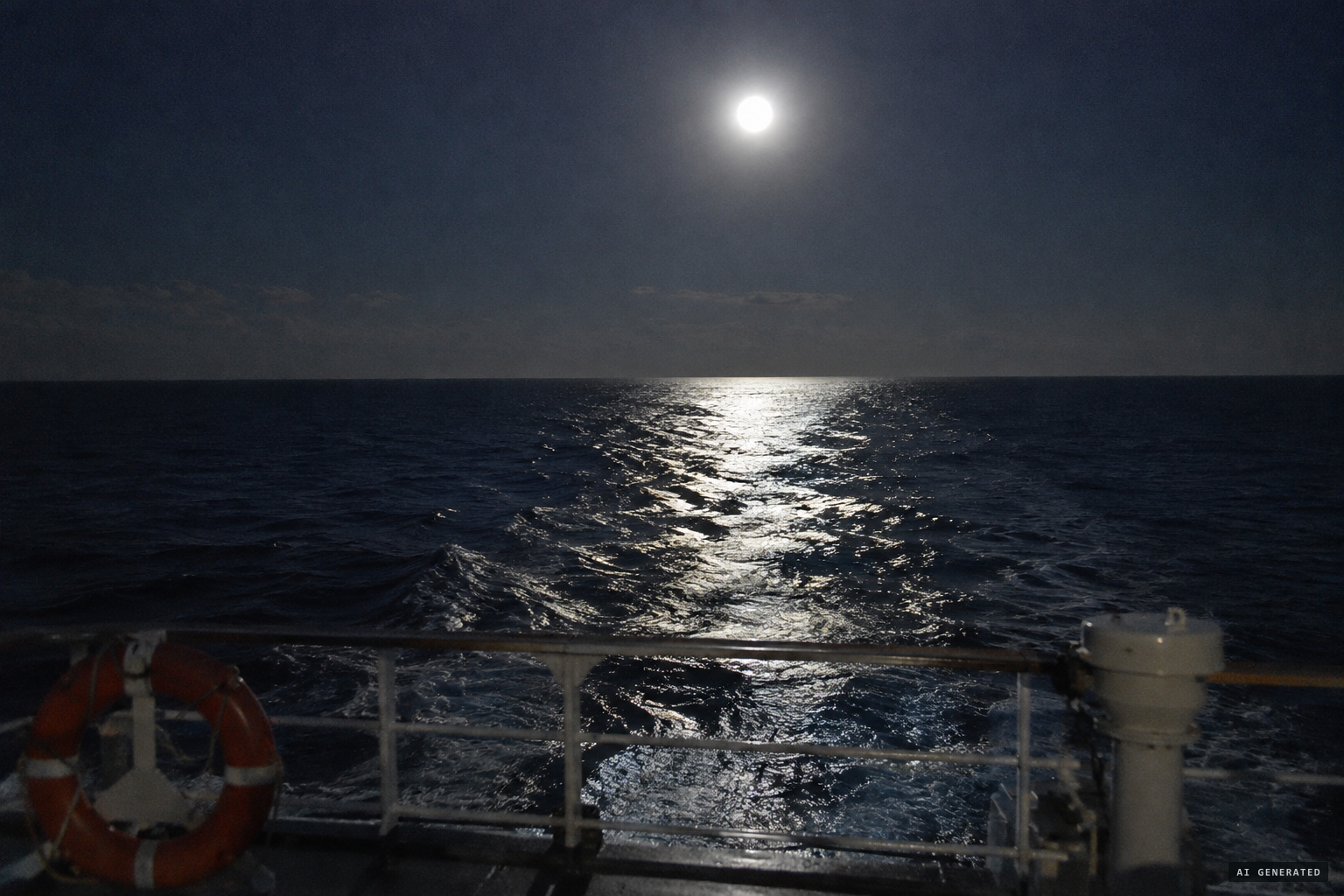 An echo rushes in from astern, yet nothing is visible despite the moon