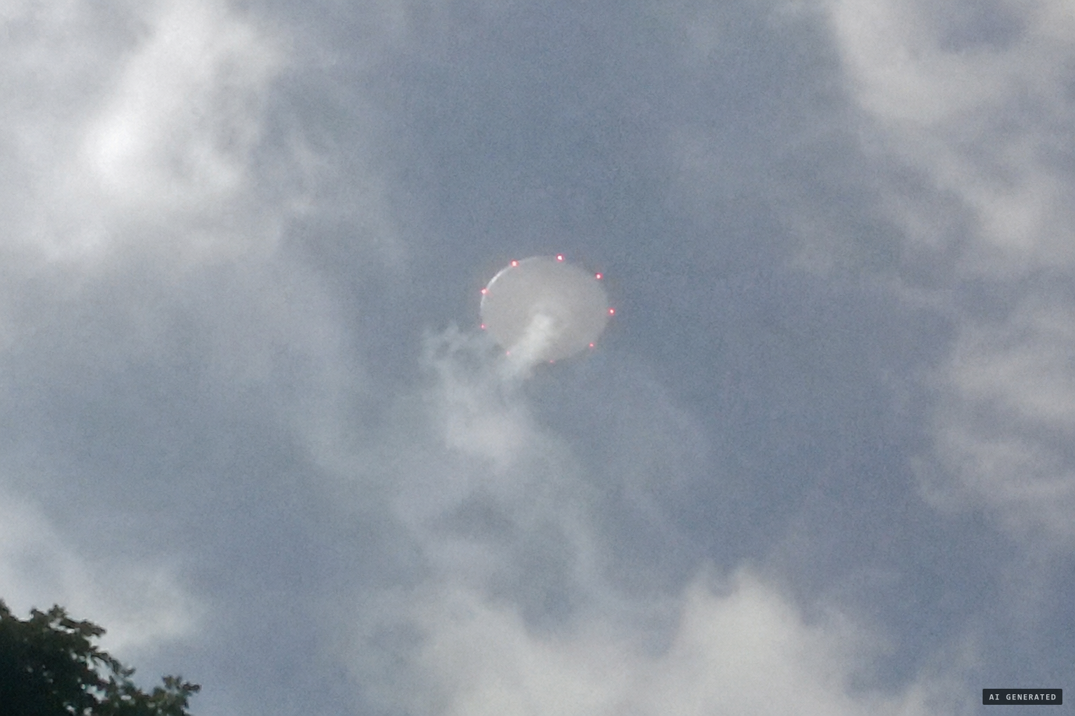 A white round object with red lights, smoke seeming to emit from its centre