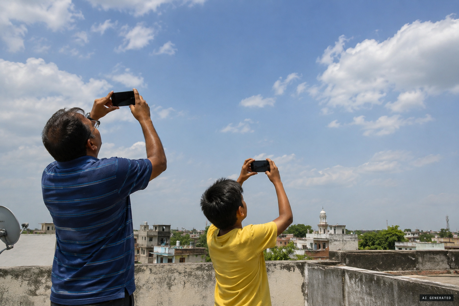 Father and son photograph the sky; nothing appears