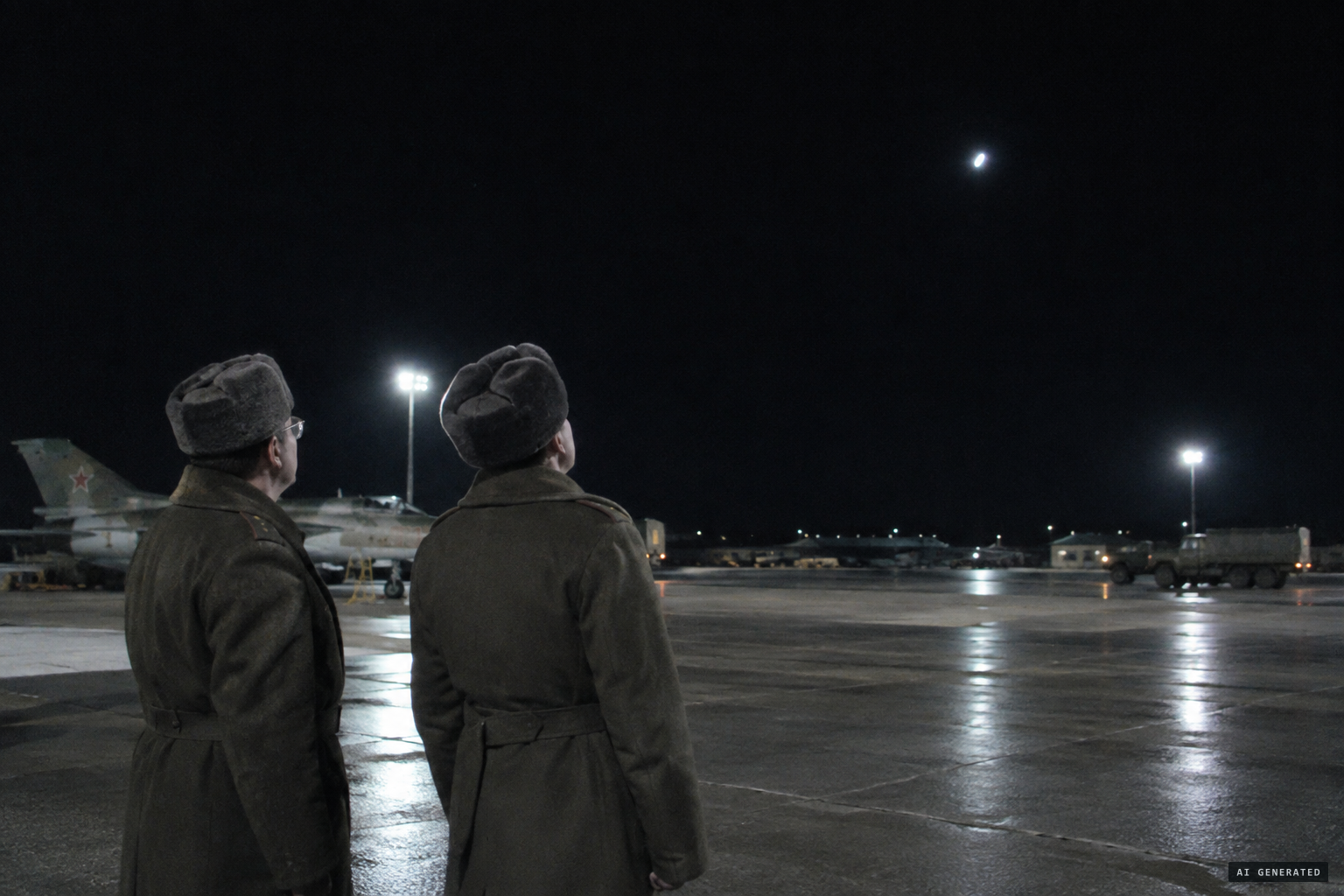 Duty officers watch a bright light cross above the runway at ten to midnight