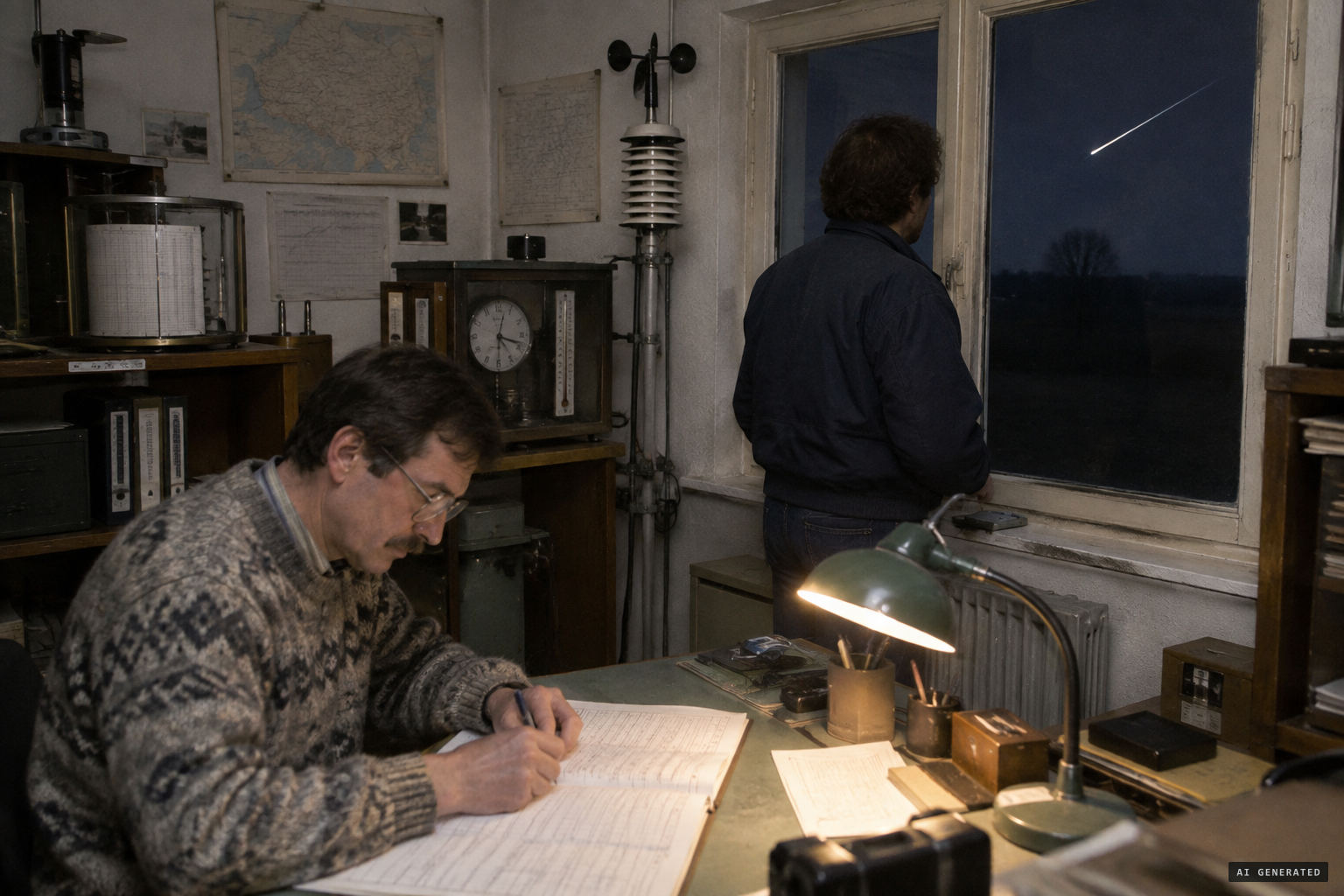 Meteorological station staff log the fast-moving light
