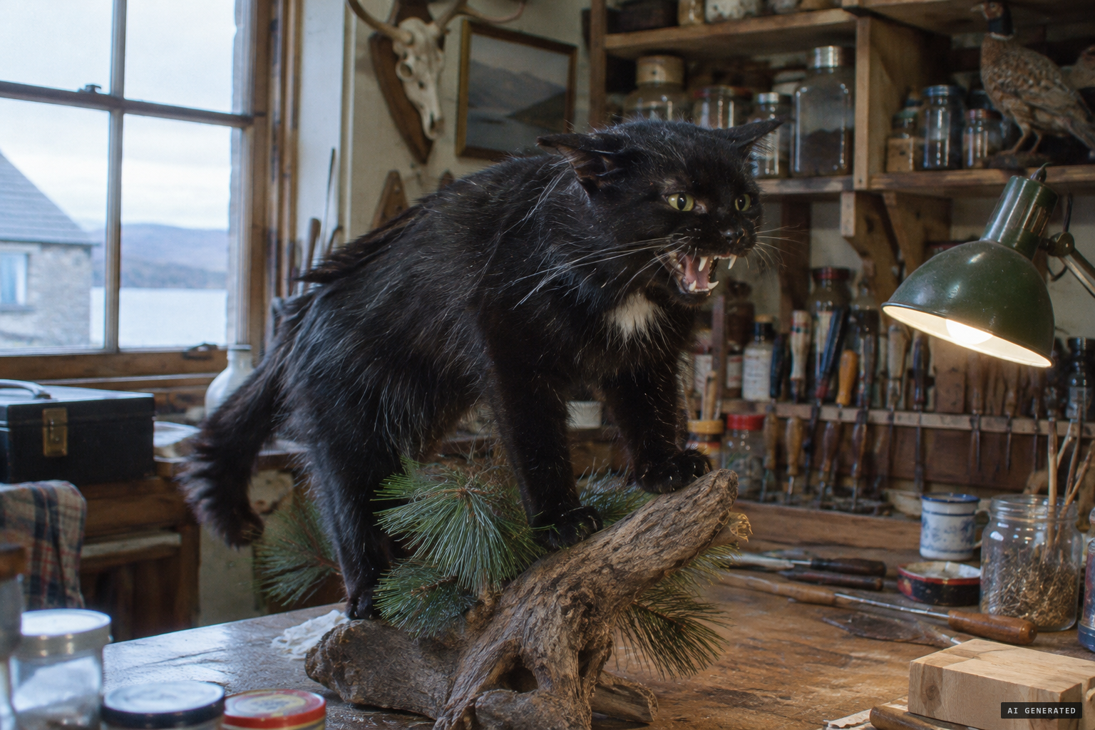 The dead male, mounted snarling on a pine branch