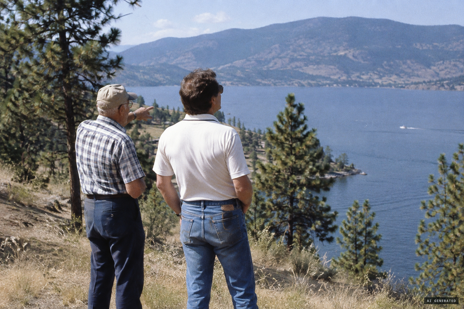 Clem Chaplin shows his son the spot near Bear Creek