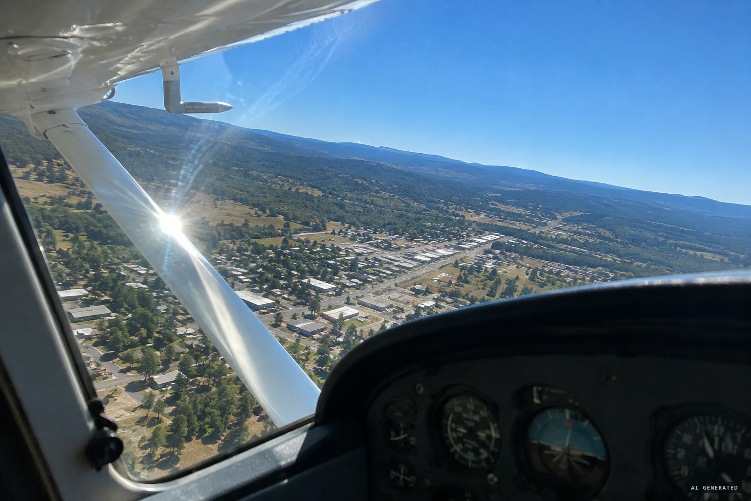 A bright flash reflects on Arnold's airplane above Mineral
