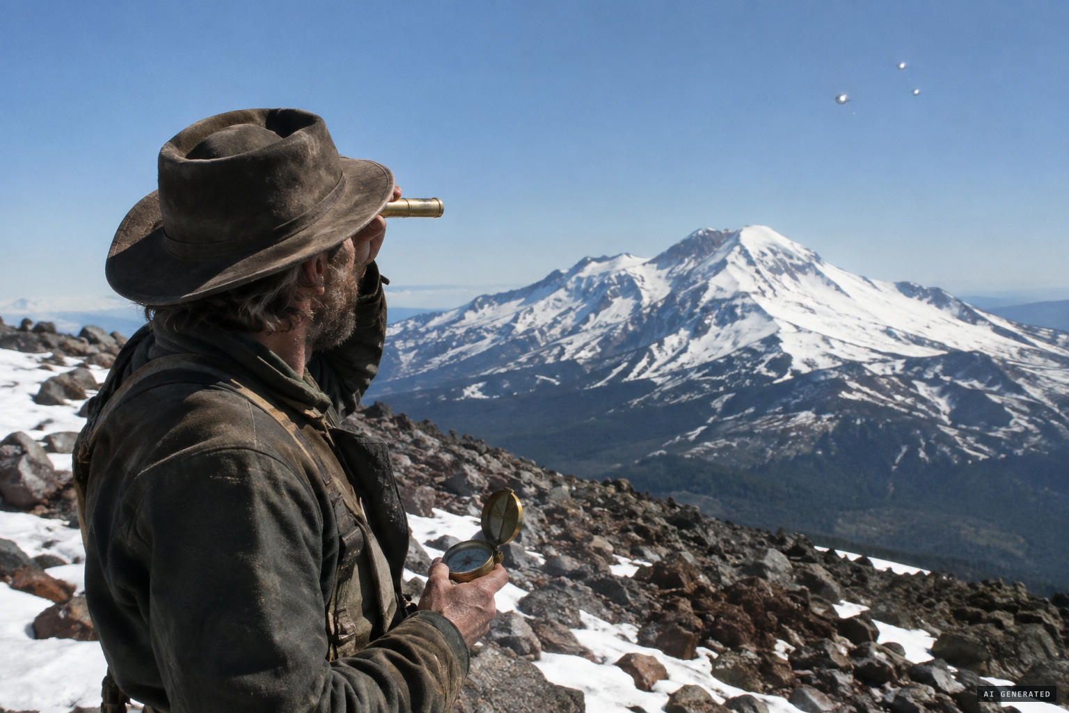 Prospector Fred Johnson watches round objects from Mount Adams