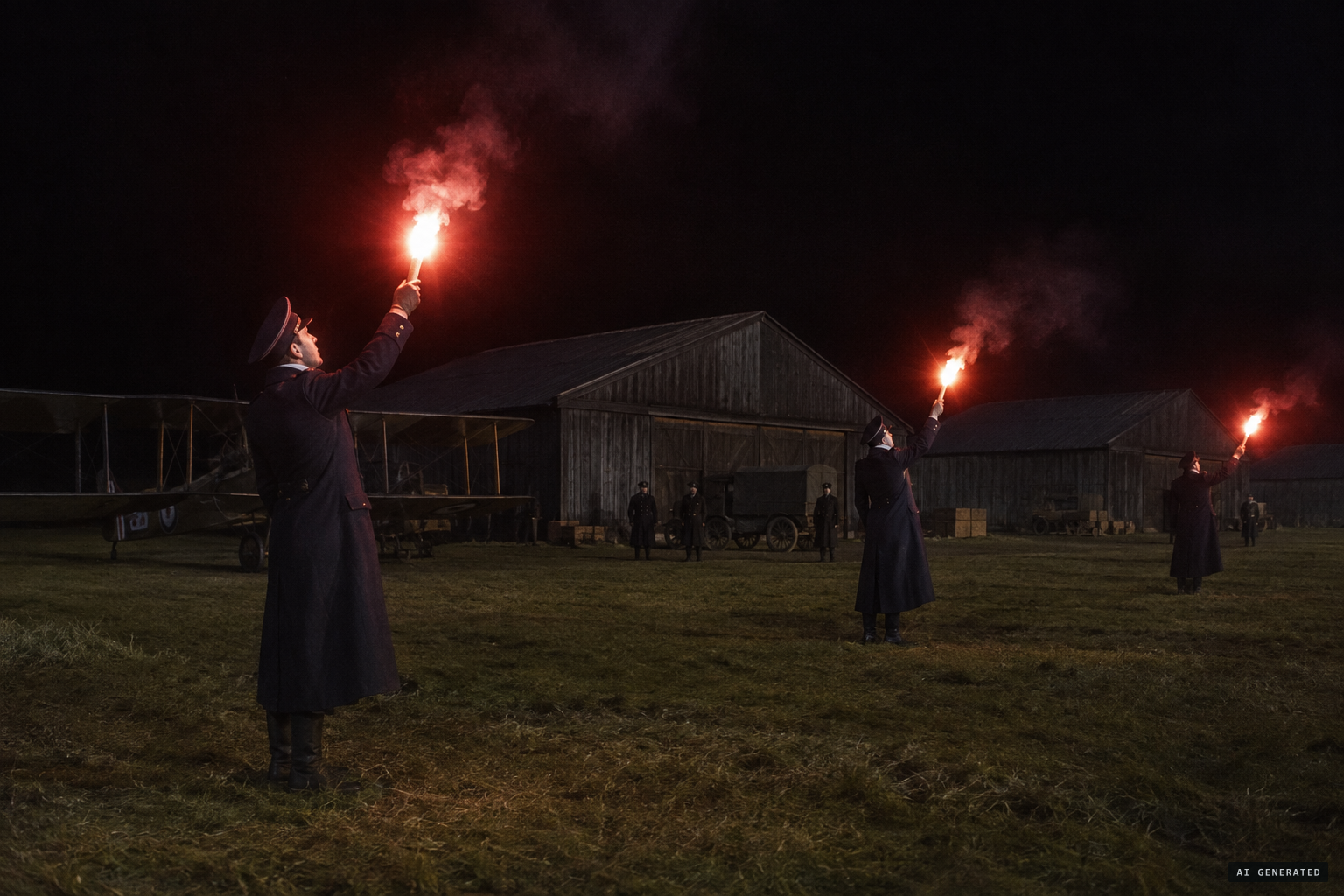 Eastchurch staff light flares to guide the aircraft down; nothing lands