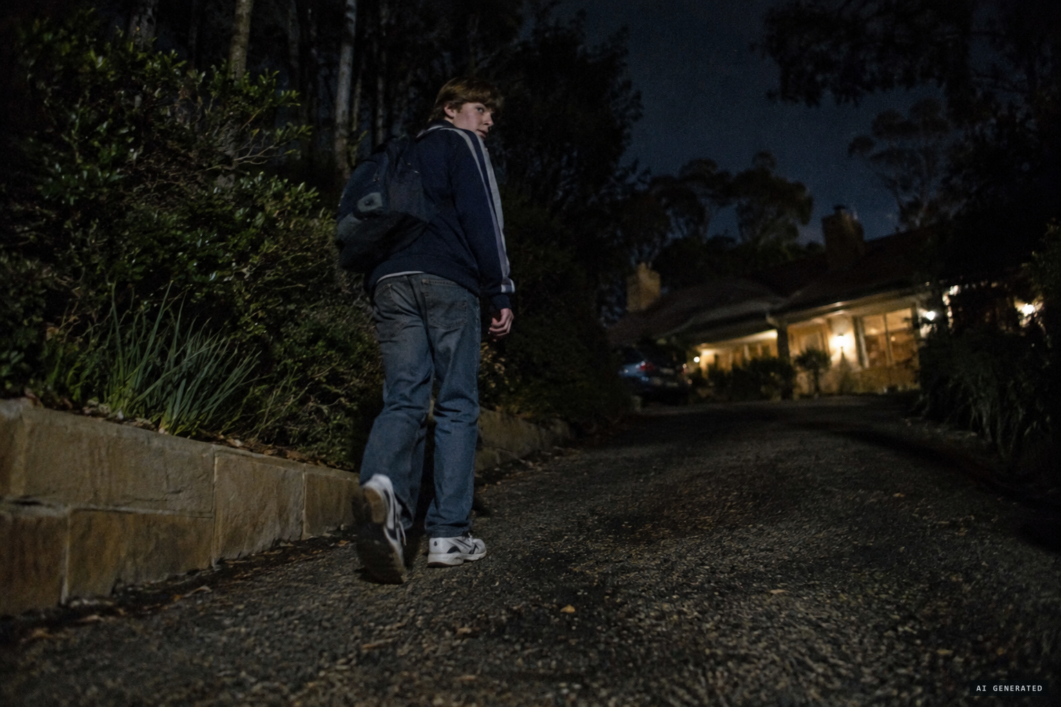 Walking back to the house, he hears a cat growling behind him