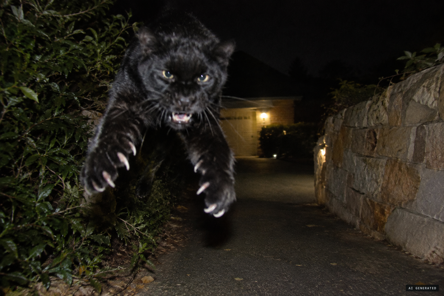 The animal leaps from the shrubbery along the sandstone wall