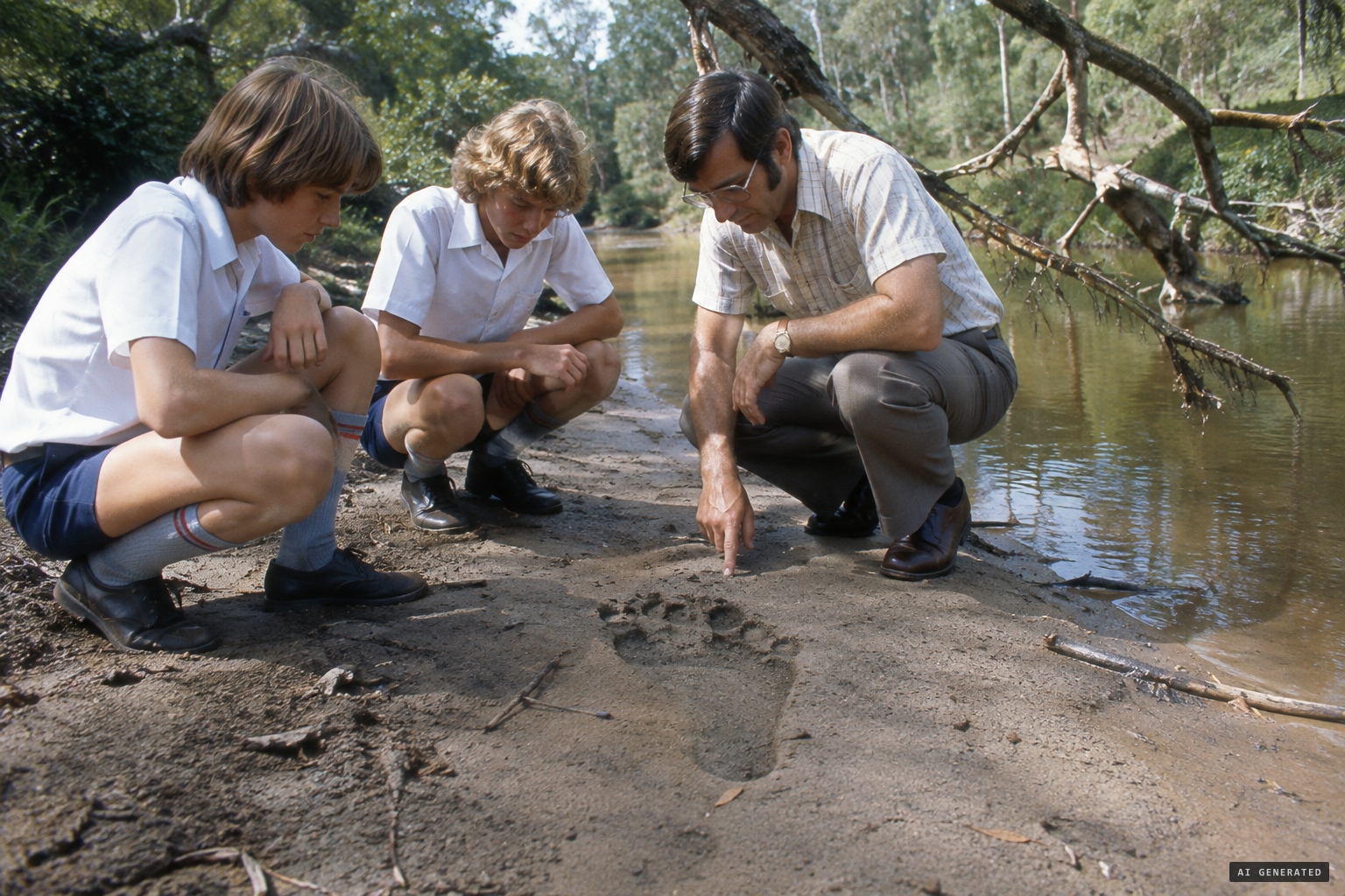 Back at the creek with their biology teacher: several large footprints