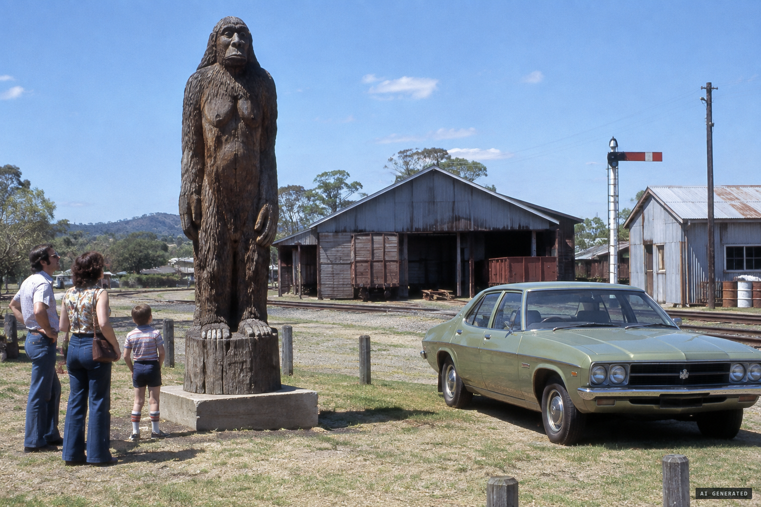 The carved beech-log yowie statue in Yowie Park