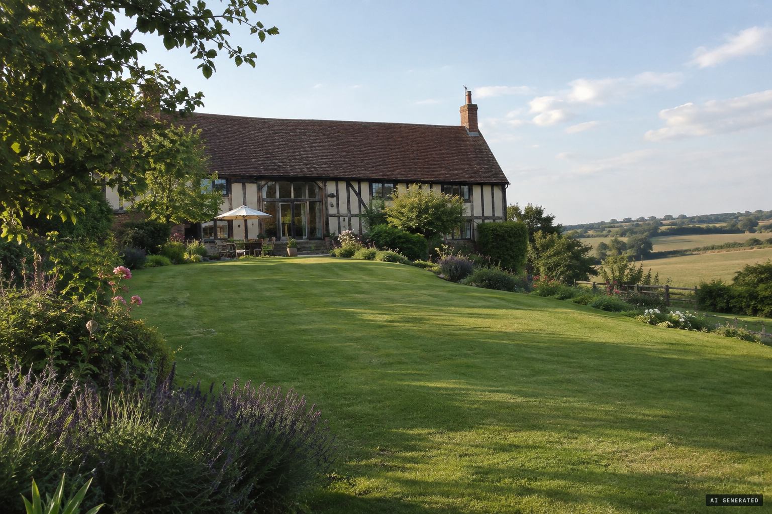 Kim Wilde's converted 16th-century barn in Hertfordshire, with fields at the bottom of the garden