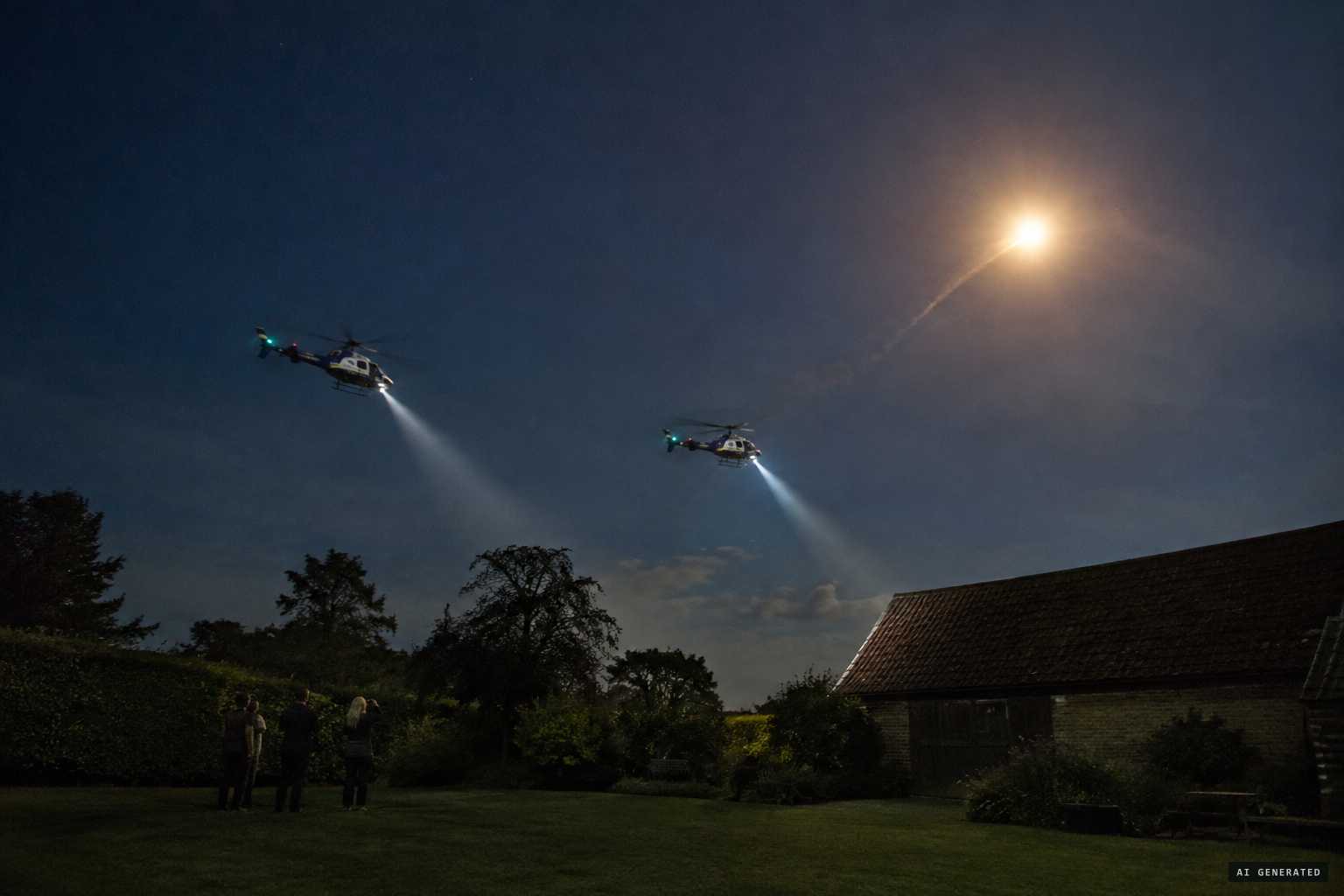 A very bright light coming up from the south-east, and helicopters overhead