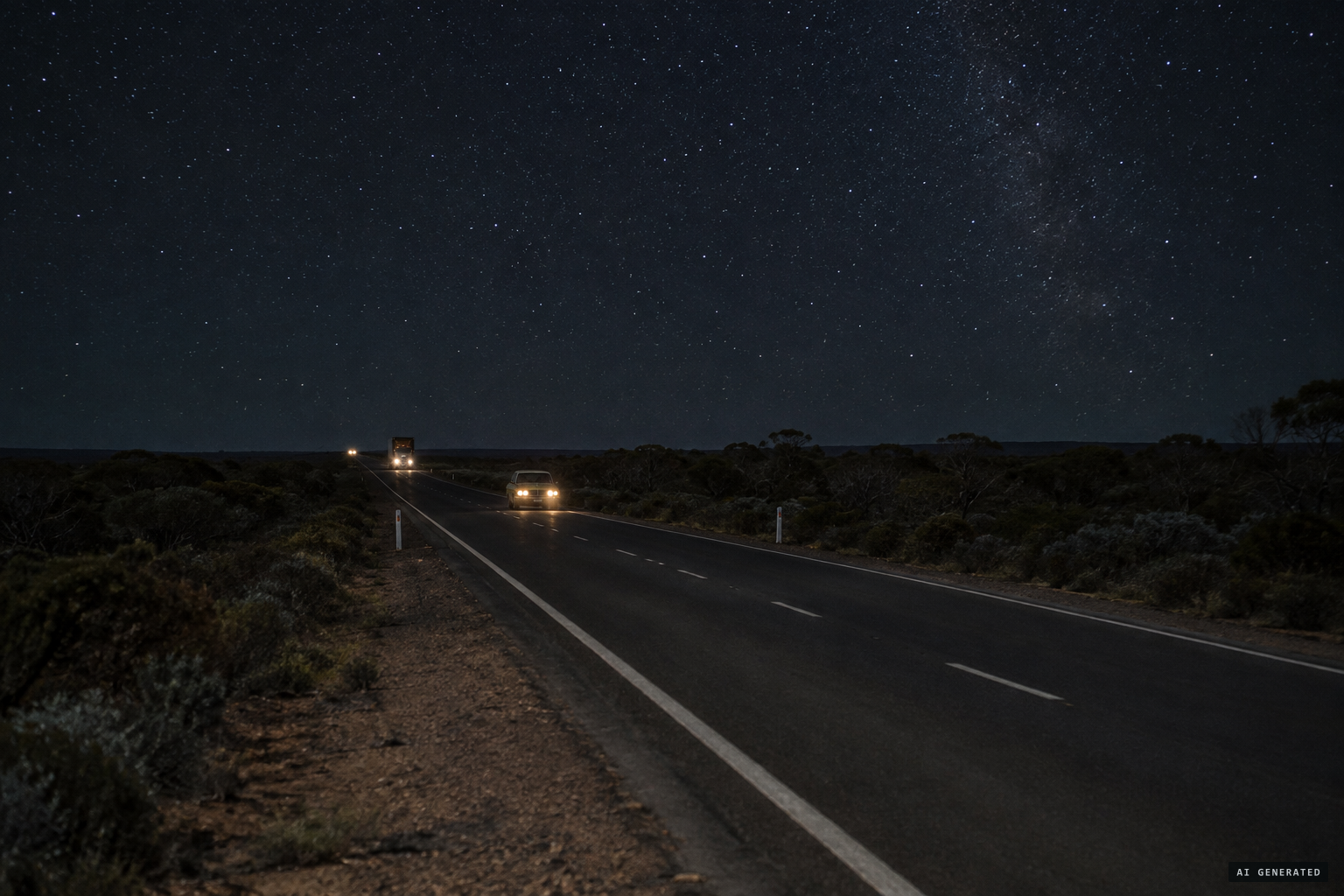 Three vehicles on the lonely Eyre Highway towards Kimba, about 9:50 pm