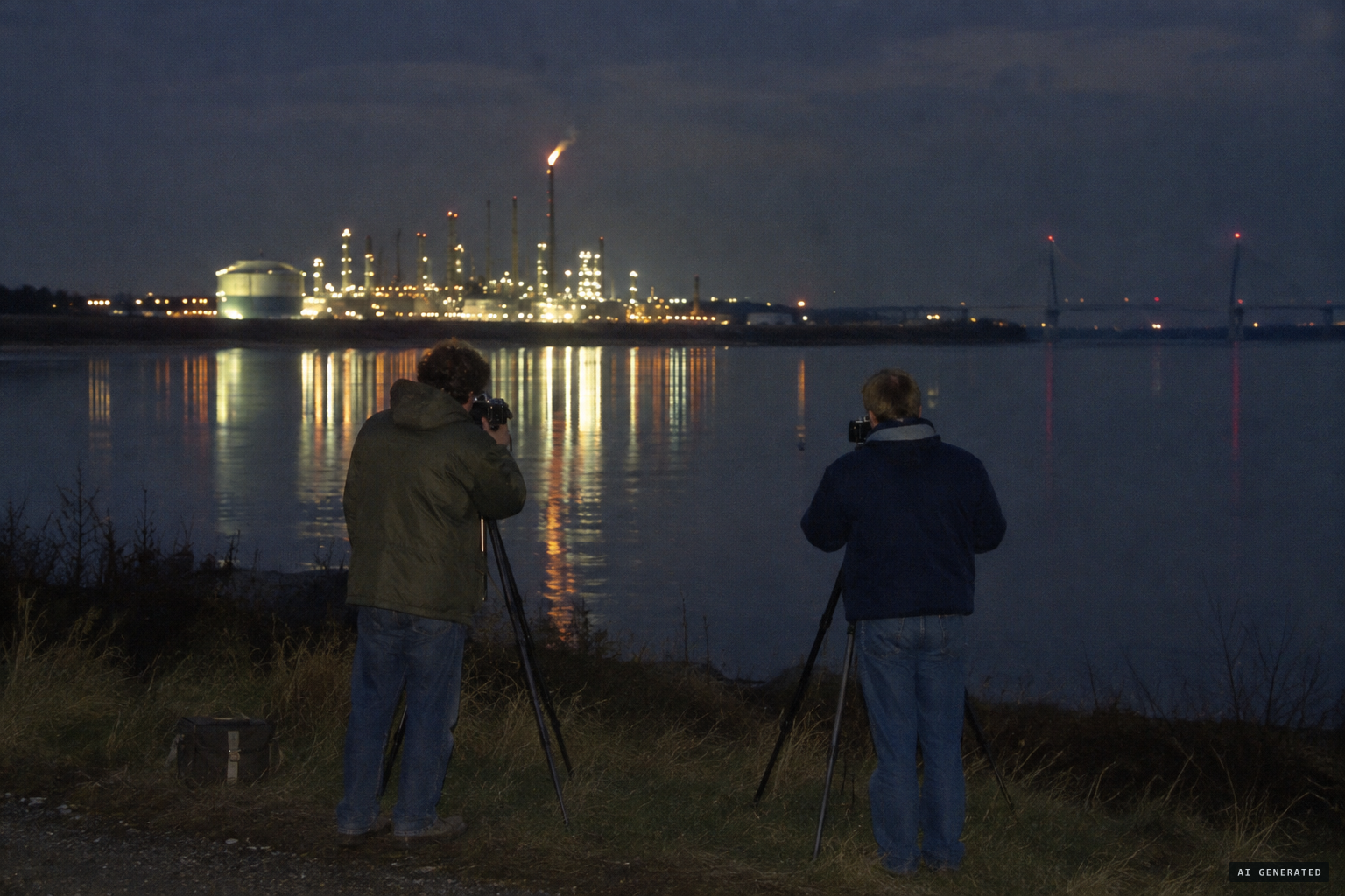 Two small, dimly flashing lights by the Kincardine Bridge pylons, 1991