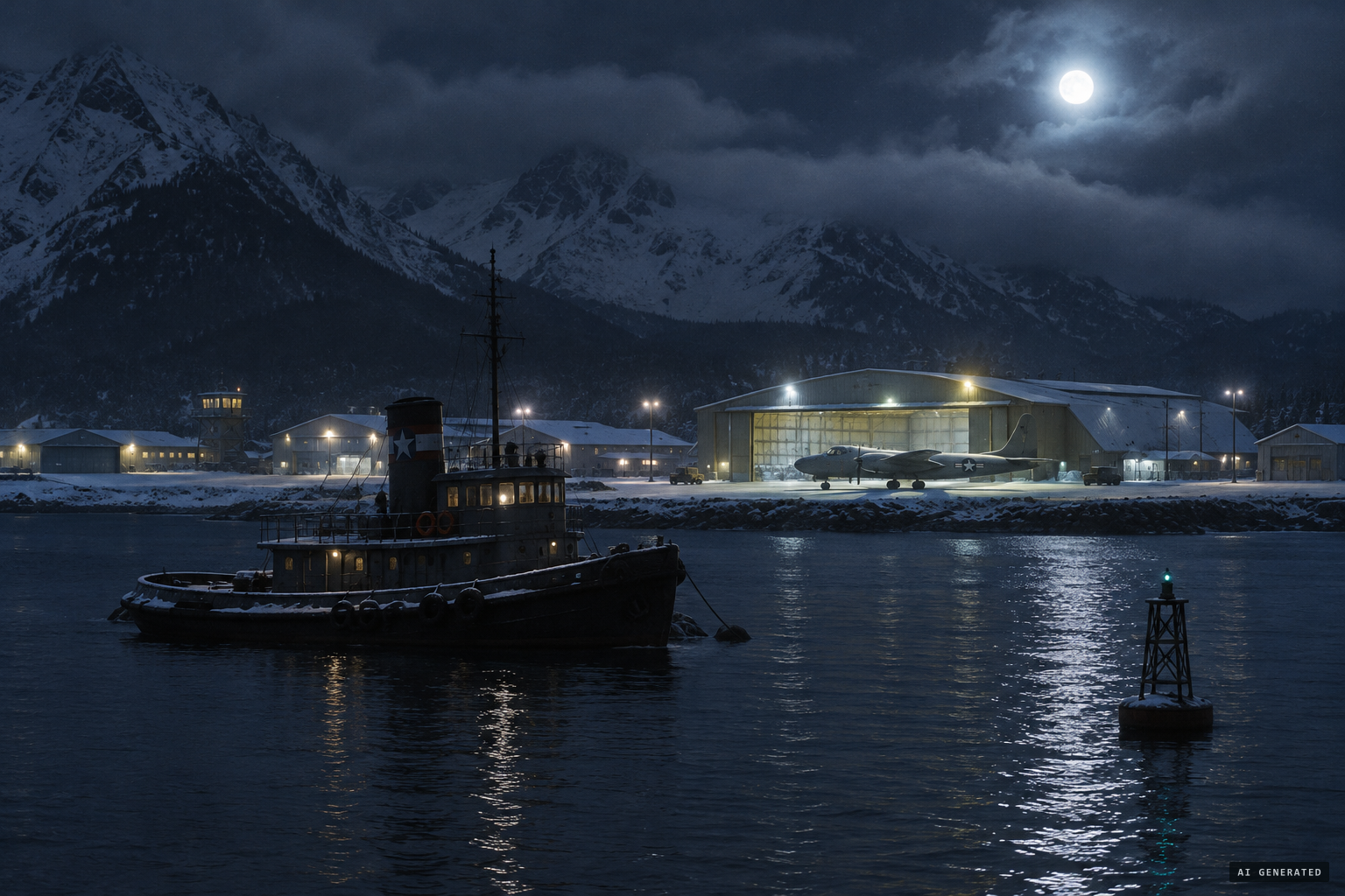 Naval Air Station Kodiak and the tug USS Tillamook at anchor, January 1950