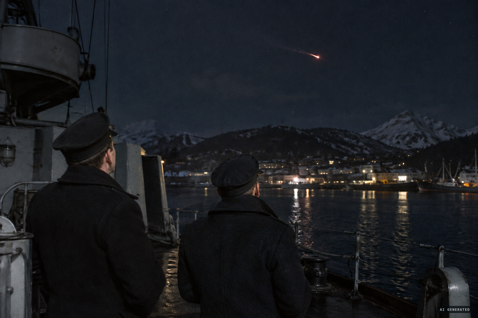 Morgan and Carver watch a fast red ball of fire from the Tillamook's deck