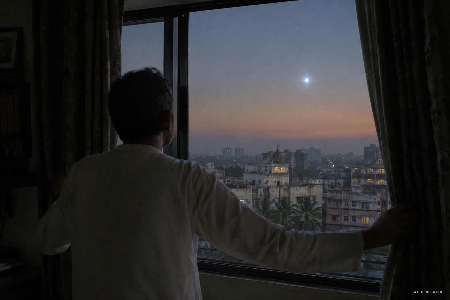 Drawing the curtains, he sees an abnormally big star low in the east