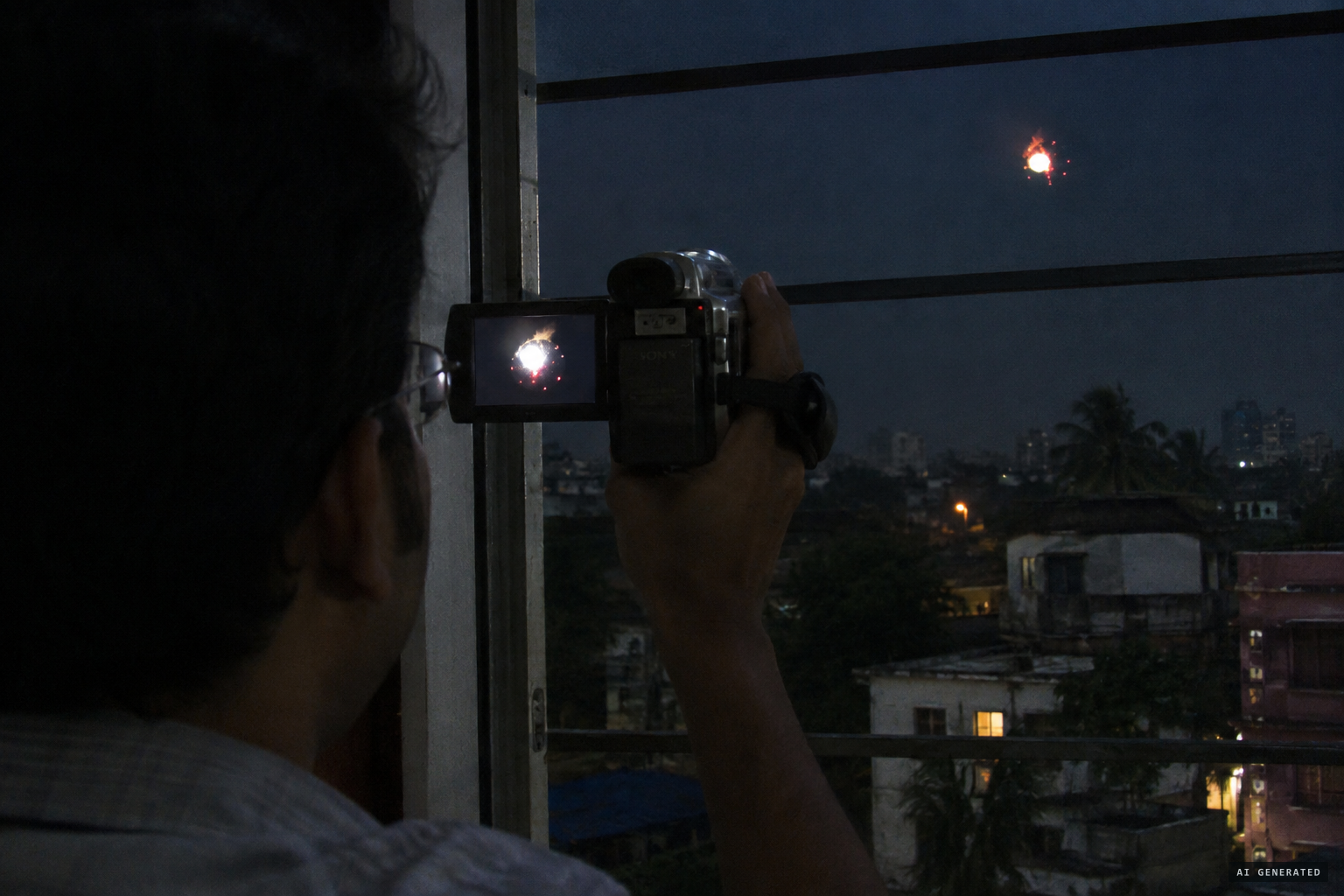 Zoomed in: a white ball with flaming sides, dotted with red bulbs