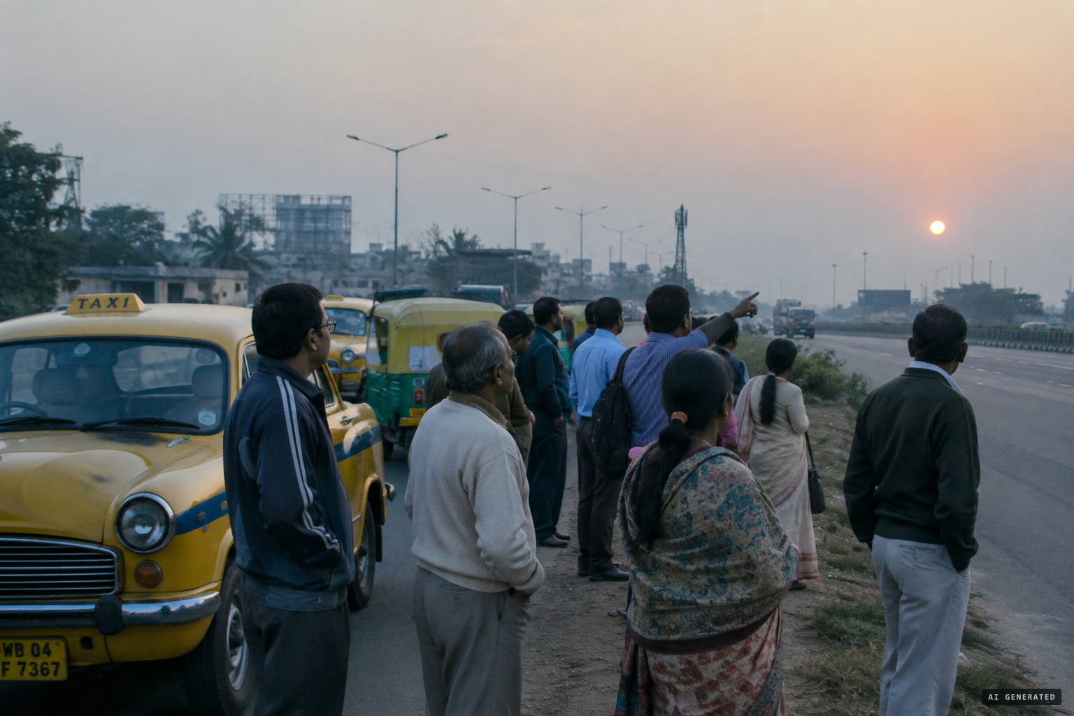People gather along the E.M. Bypass to watch as dawn breaks