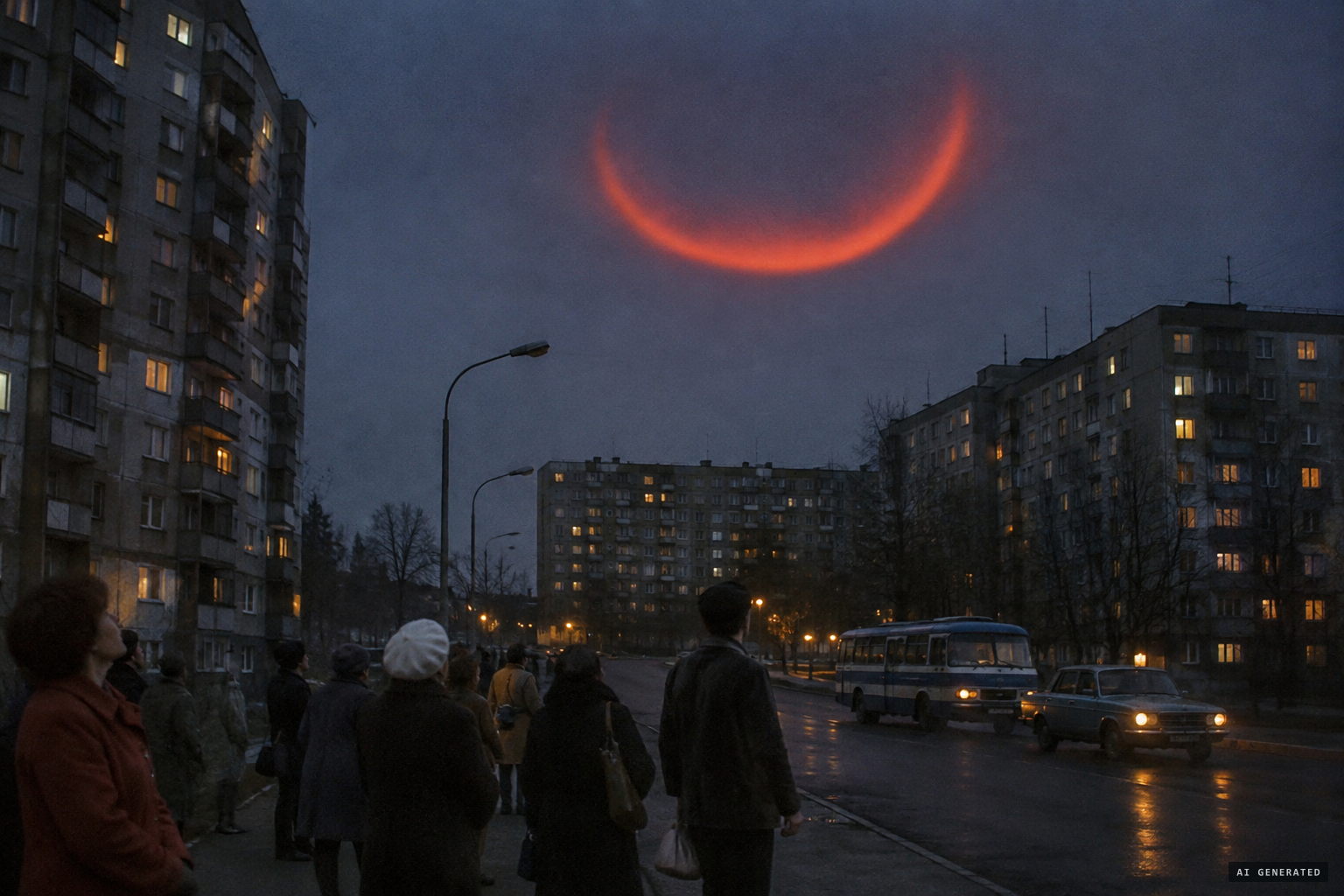 A huge reddish-orange crescent passes over Moscow near midnight