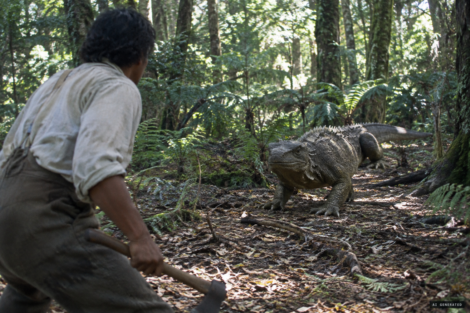 A huge lizard, some 5 ft long, advances towards the bushman