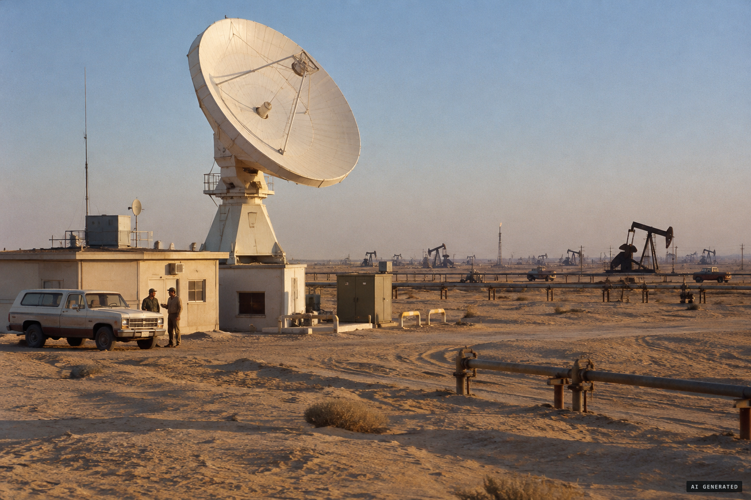 The Umm al-Aish satellite earth station among the Kuwait Oil Company fields