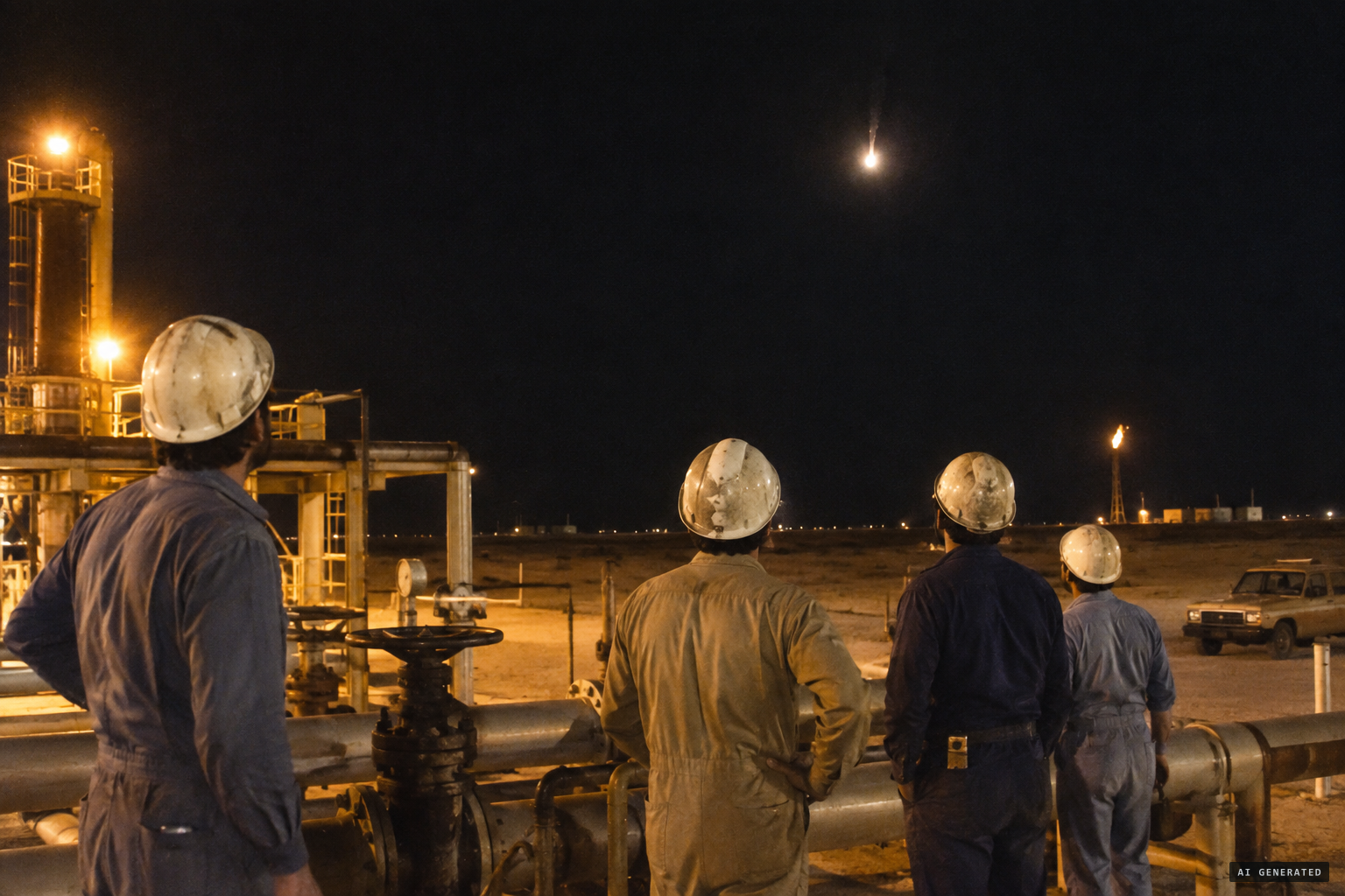 Oil-company technicians at Umm al-Aish watch an object come down