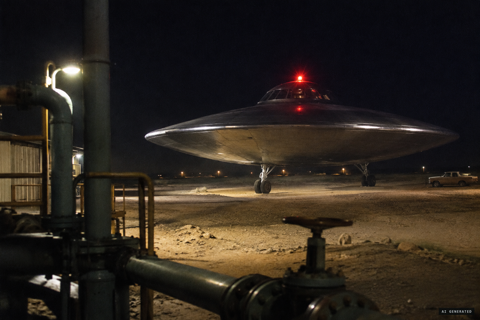 A jumbo-jet-sized craft with a domed top and a red light sits on the ground