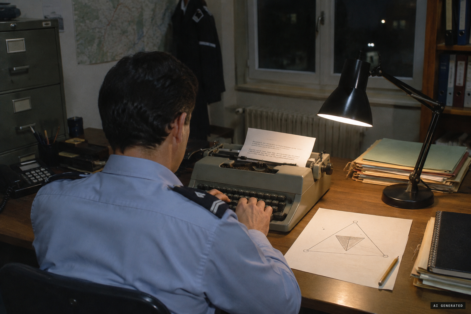 The gendarmes write their official report with a sketch