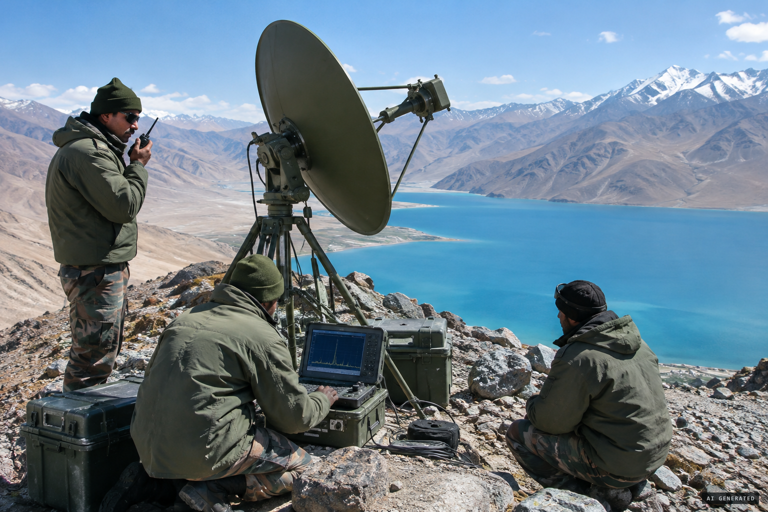 A radar and spectrum analyser hauled onto a mountaintop near Pangong Tso