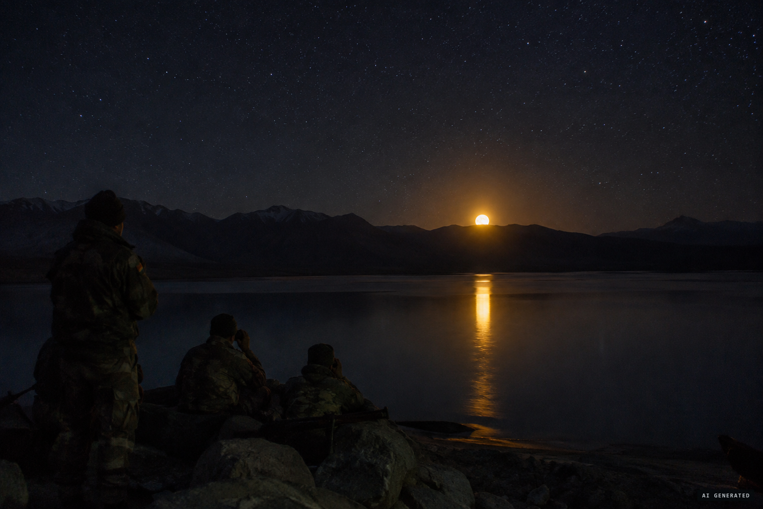 An orange-yellow luminous sphere lifts off the horizon on the Chinese side