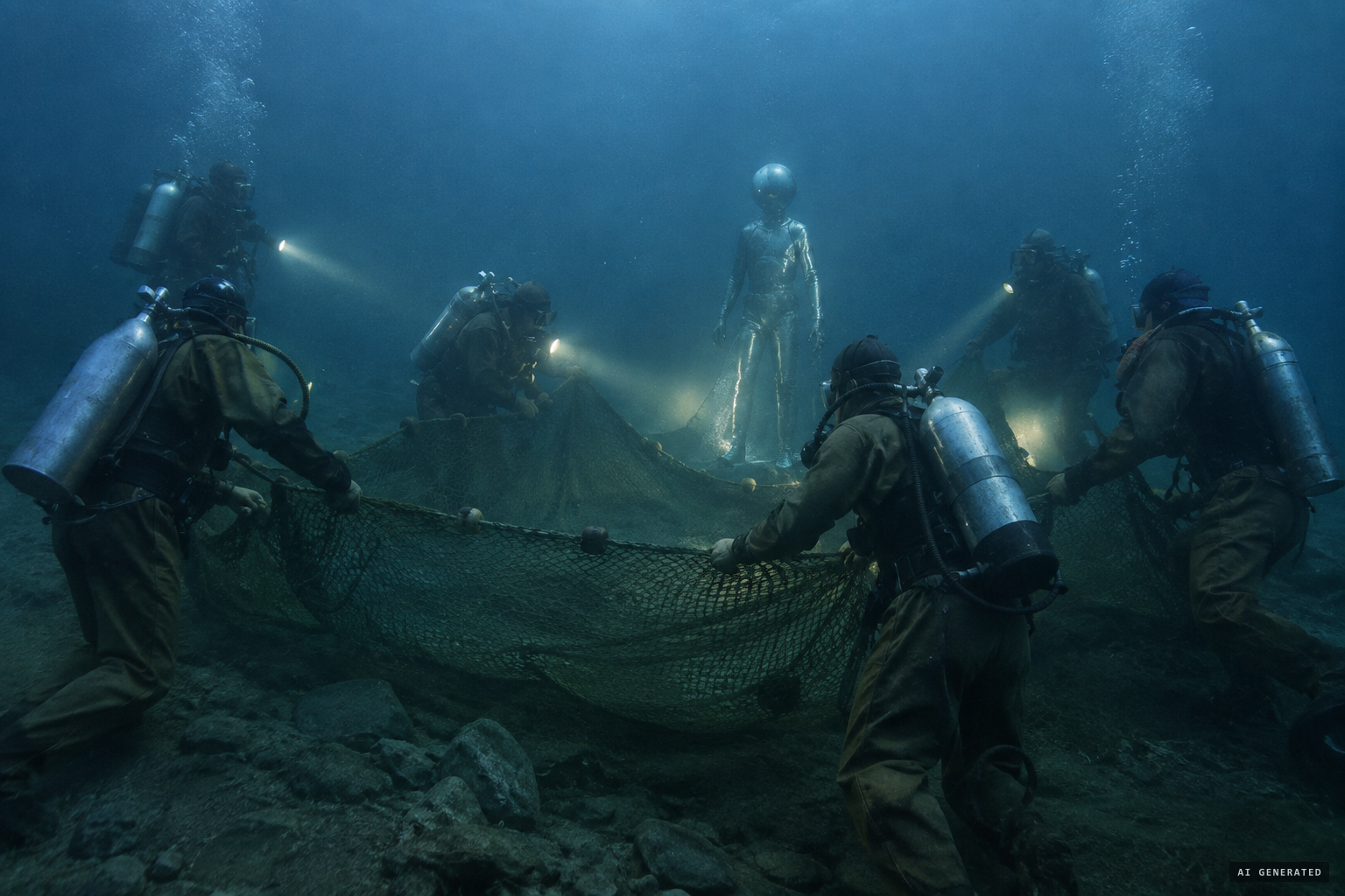Seven divers close in with nets to catch a swimmer
