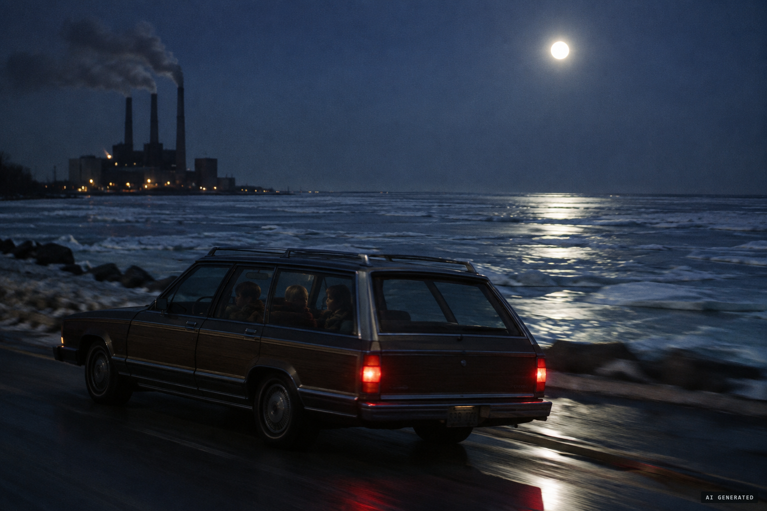 The Baker family drives home to Eastlake beside the frozen lake on a bright moonlit night.