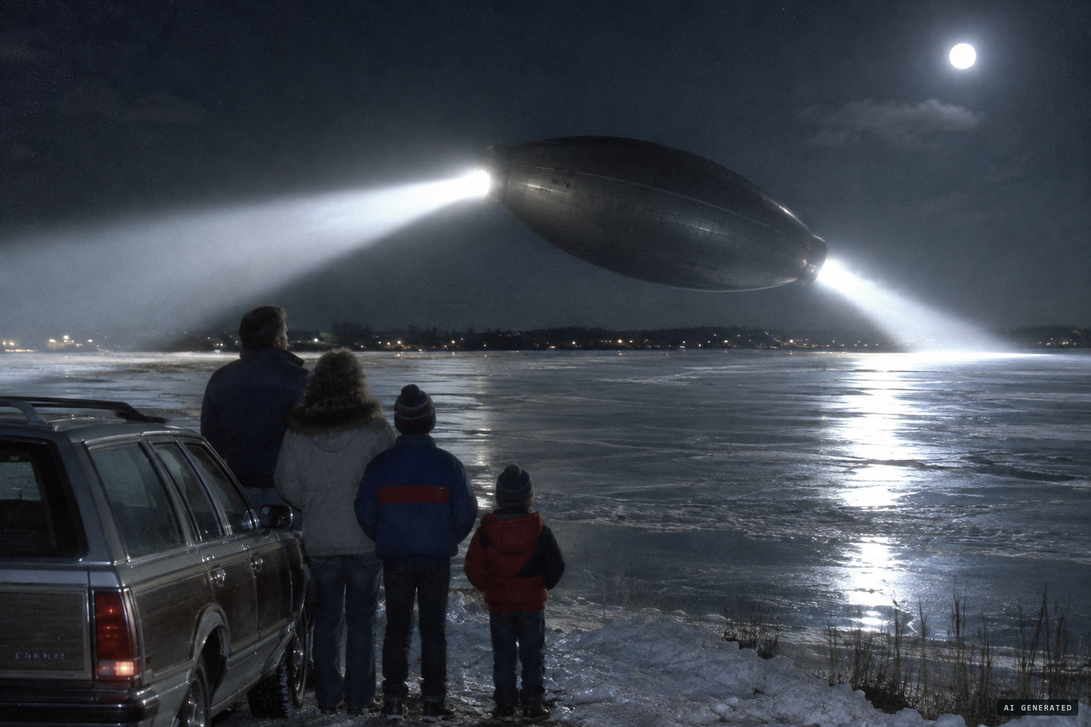 A huge, silent gunmetal gray football-shaped object rocks end to end over the lake.