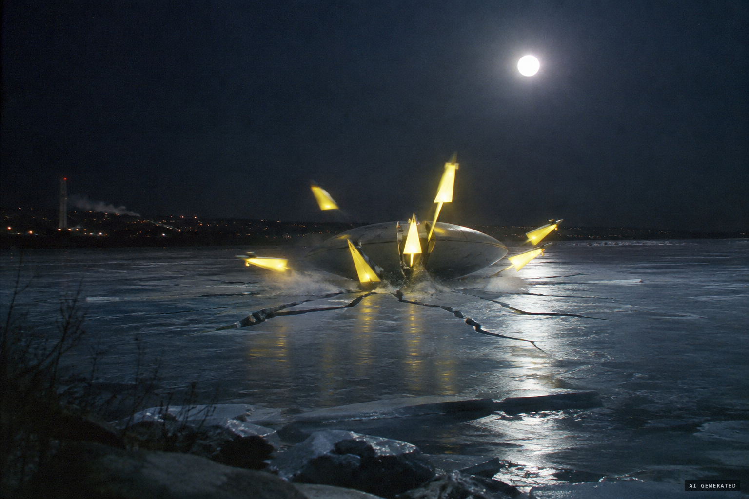 The ice cracks like thunder as yellow triangles shoot out of the big object.