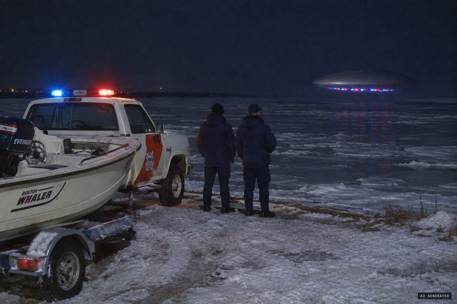 Coast Guardsmen Power and Knaub arrive and see the object, red and blue lights along its edge.