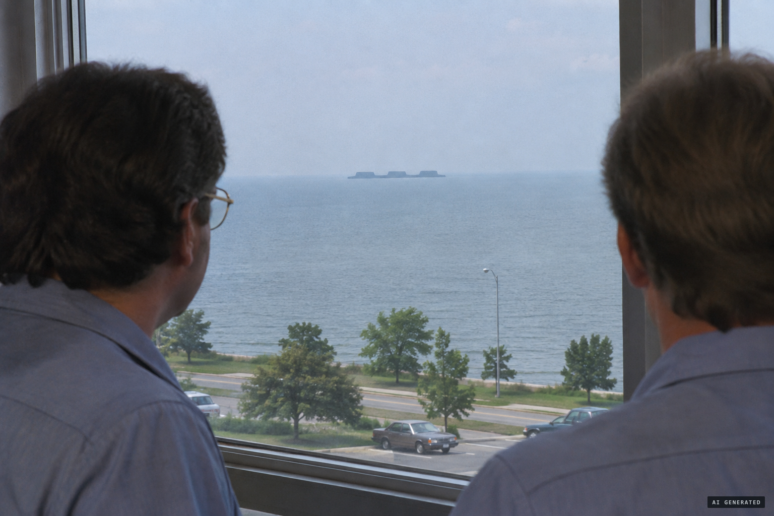 From a third-story window in Huron, two fire inspectors watch a motionless three-part shape
