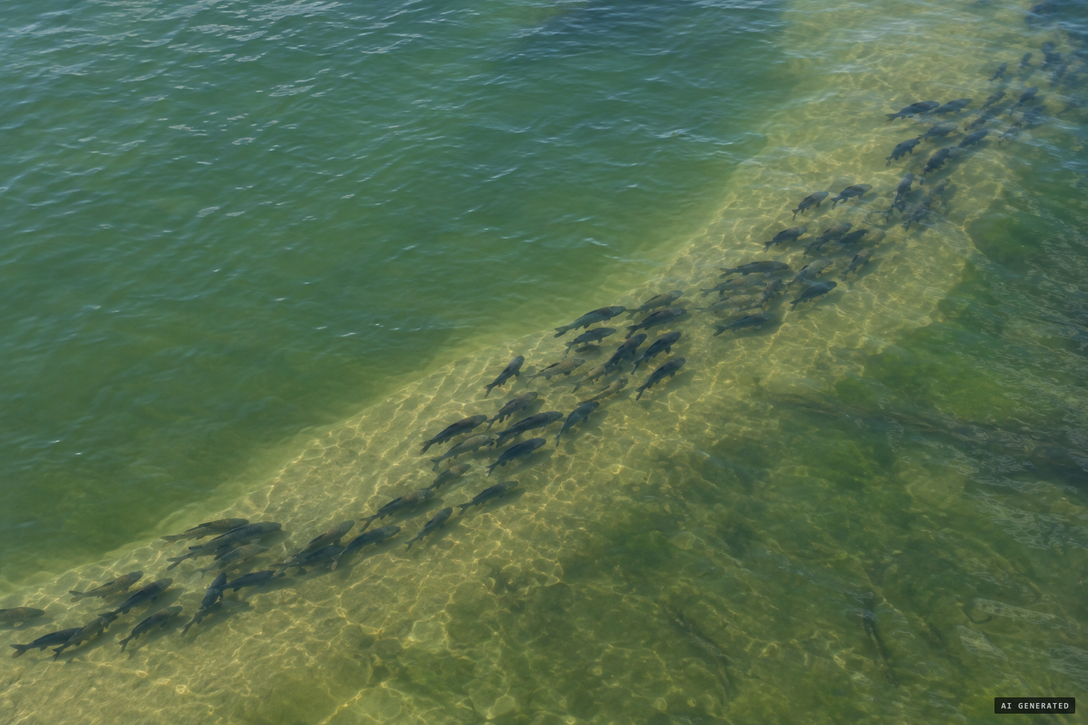 Herdendorf's explanation: schools of carp herded into serpent-like lines by sandbars