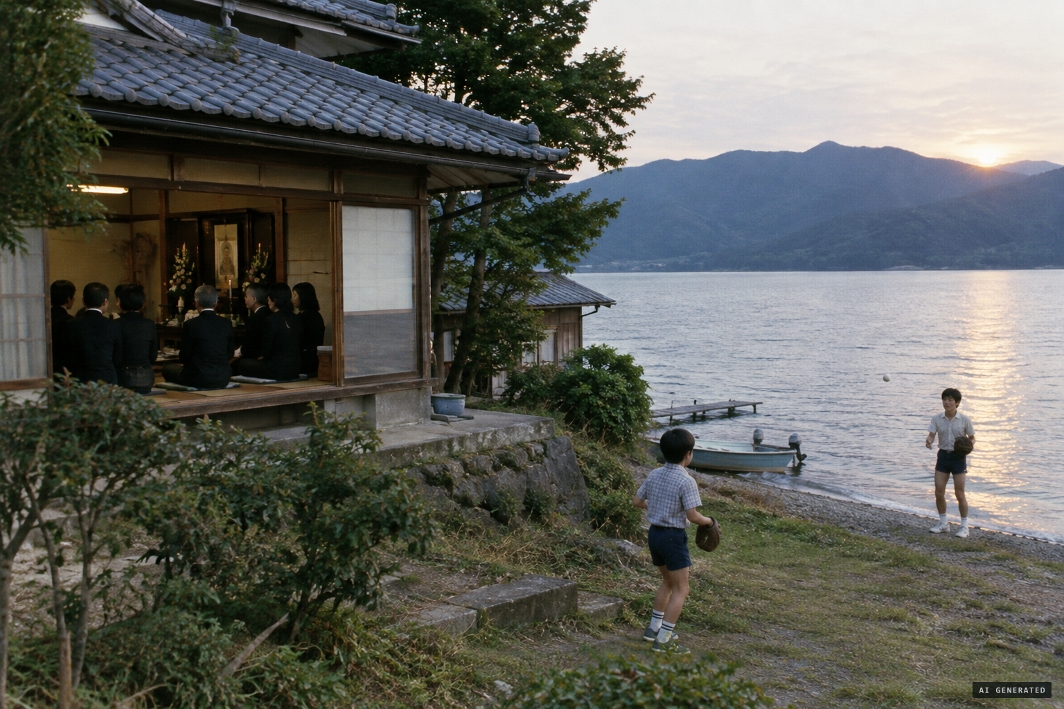 Relatives gather at the Kawaji house as two cousins play catch on the shore