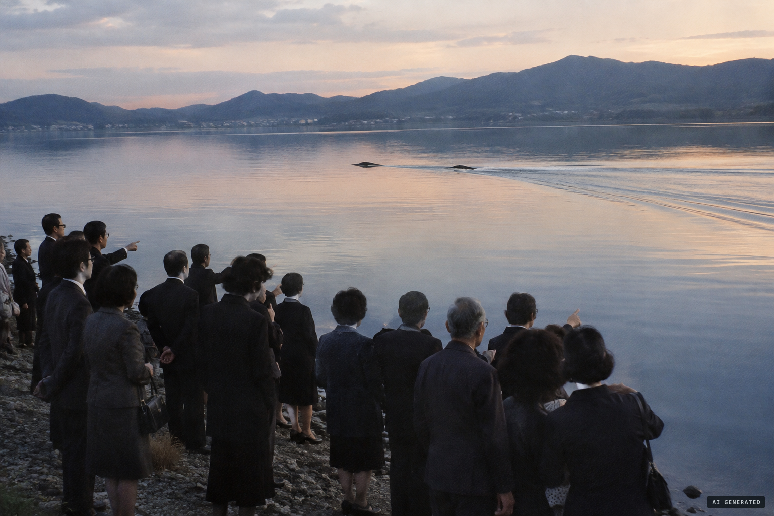 About twenty people watch two humps cross the mirror-smooth lake at furious speed