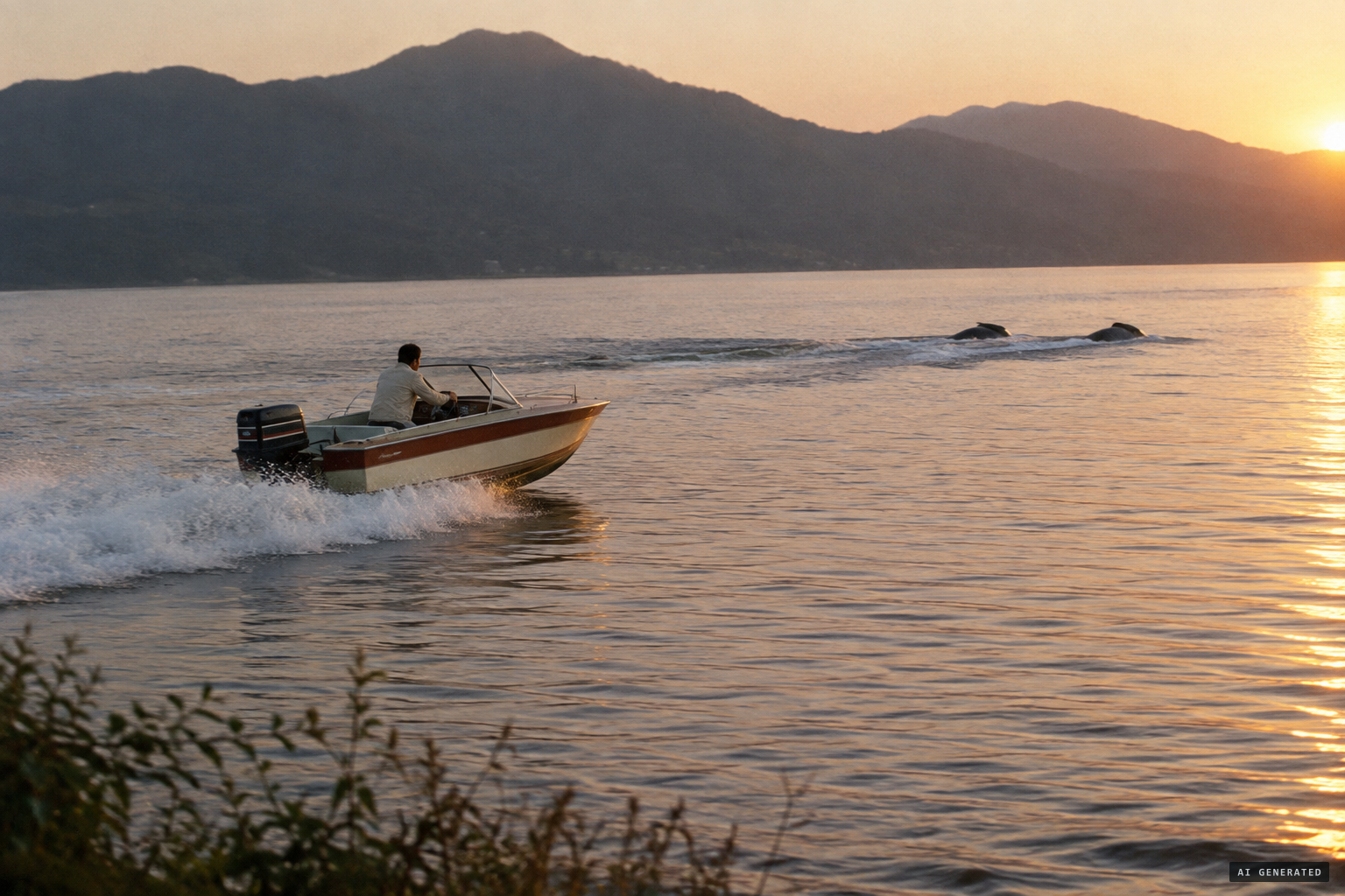 Yutaka Kawaji pursues the humps in a motorboat