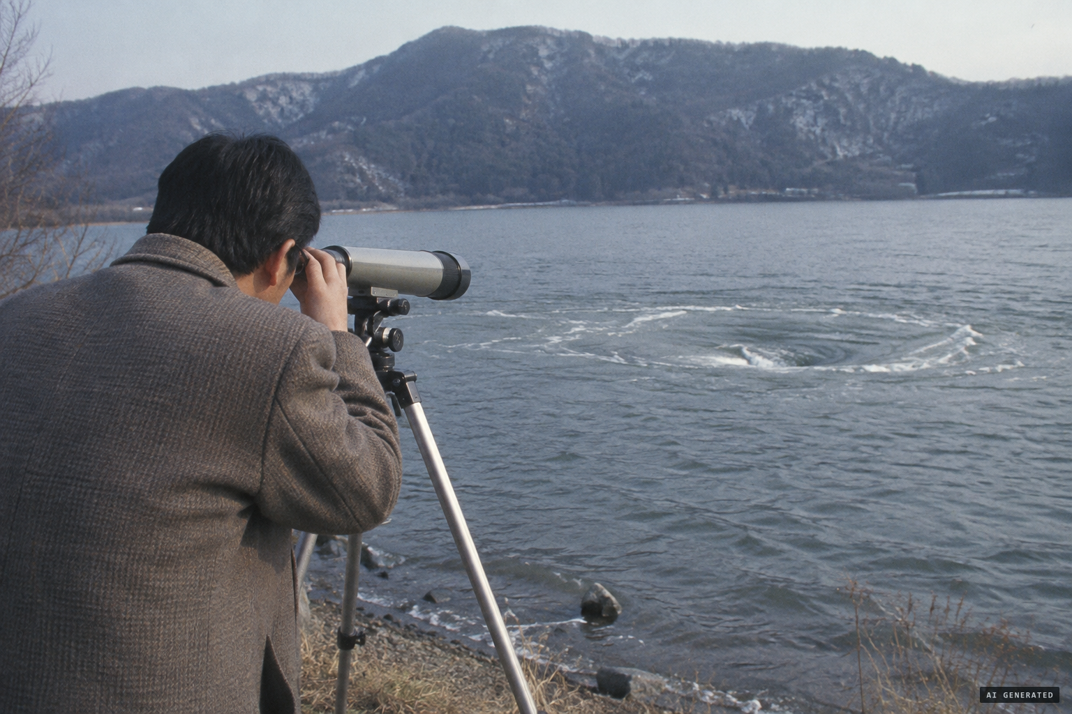 Toshiaki Matsubara watches a whirlpool through a 50X telescope