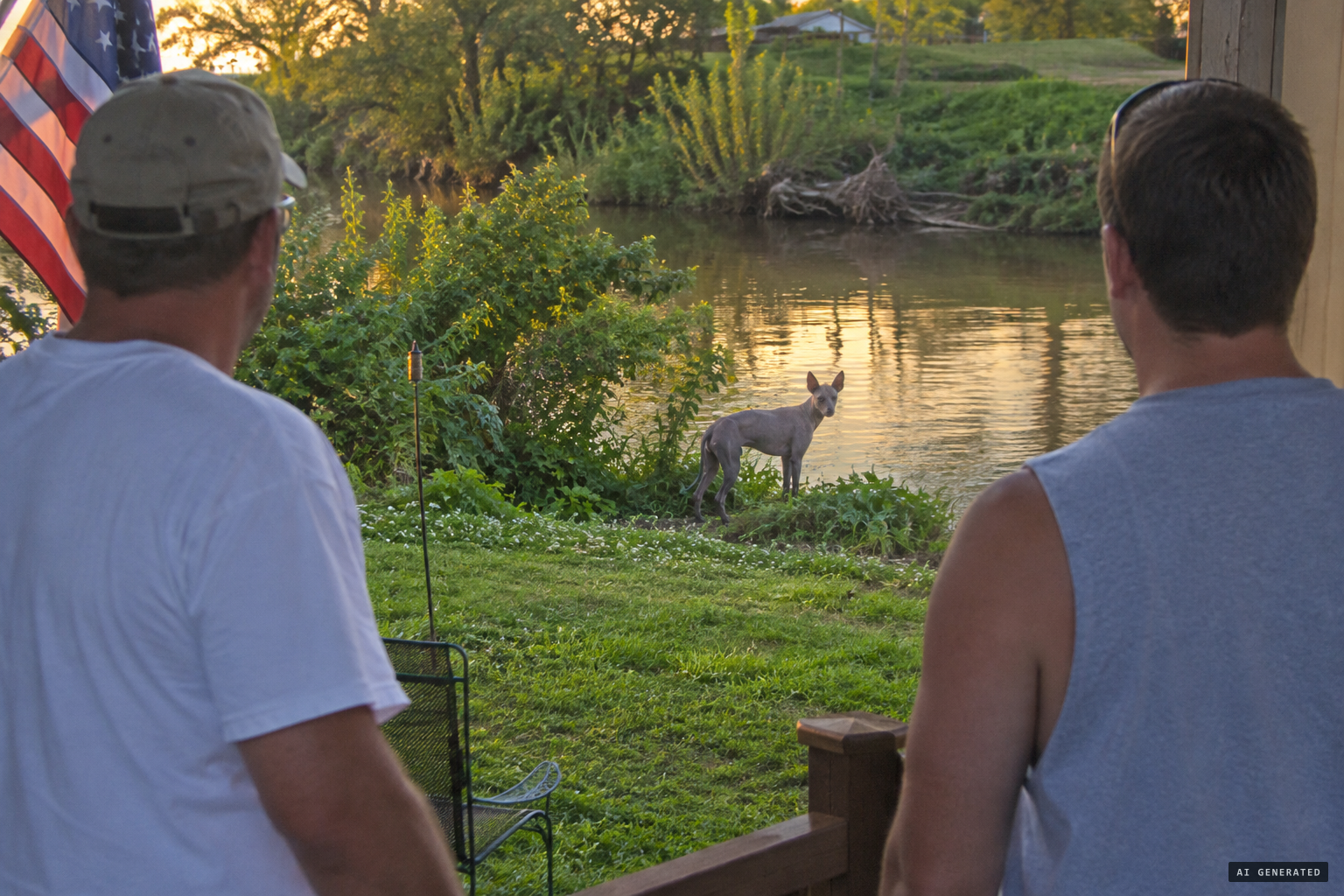 Near the creek out back, a grey, almost hairless animal with long pointy ears appears