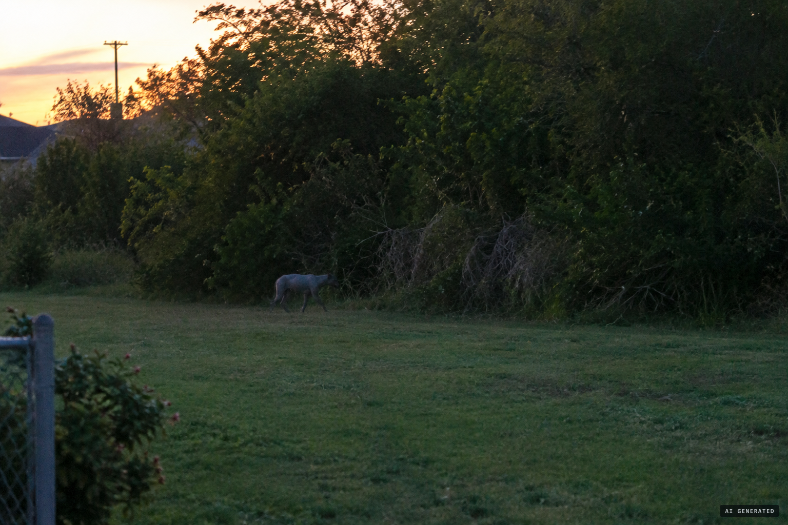 The animal crosses the field and disappears into the brush