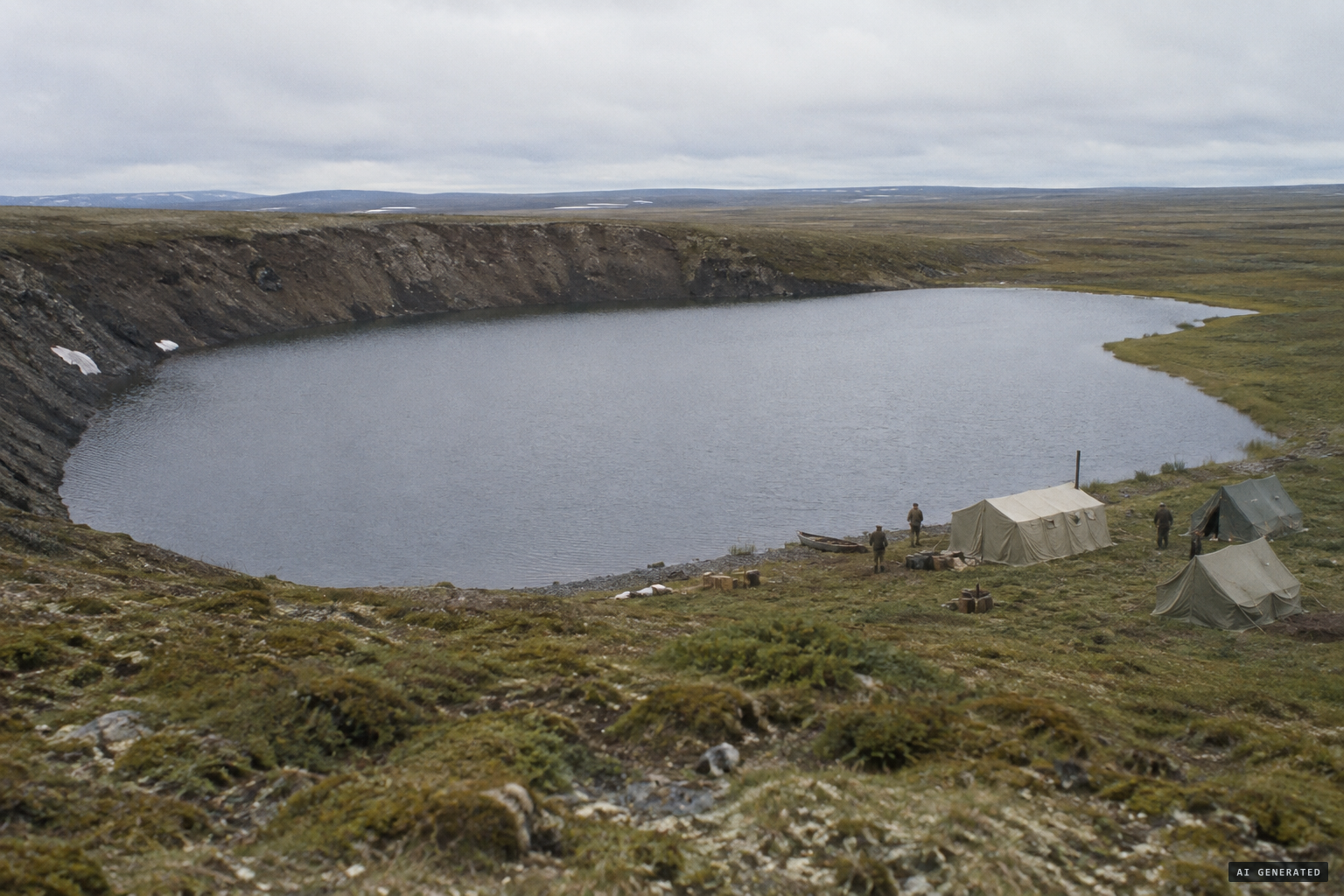 Lake Khaiyr, a small murky lake in Arctic Yakutia, where a field party camped in 1964