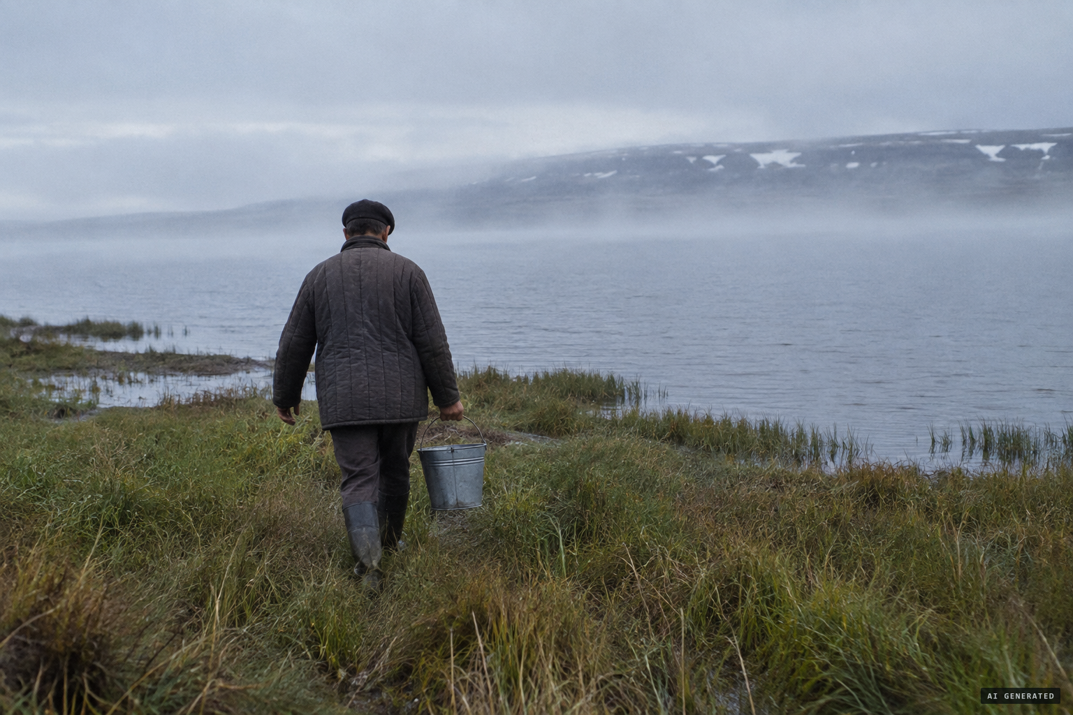 At 7 a.m. Gladkikh walks to the lake for water with a bucket