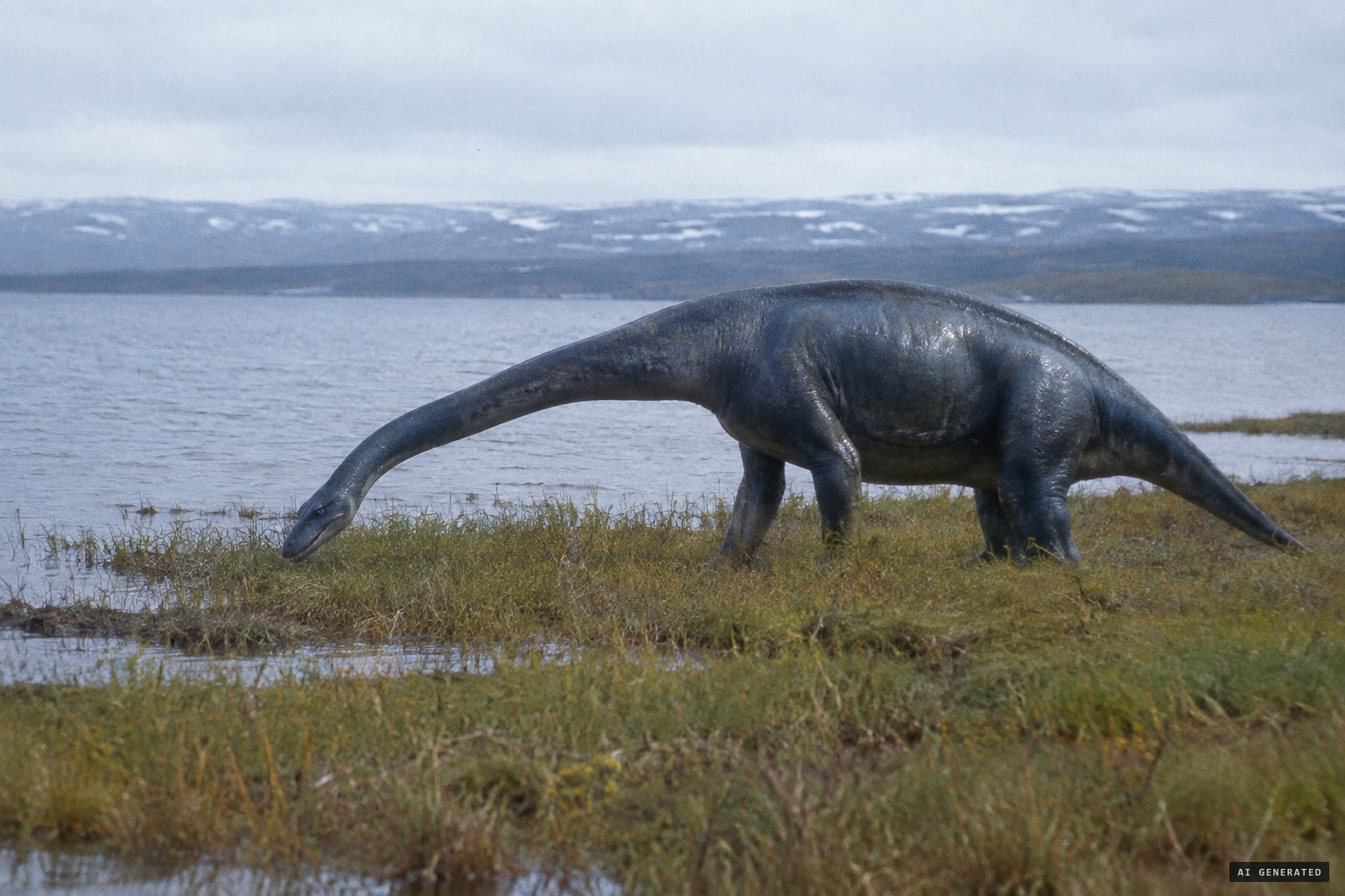 The animal, smooth and dark blue, seems to be eating grass