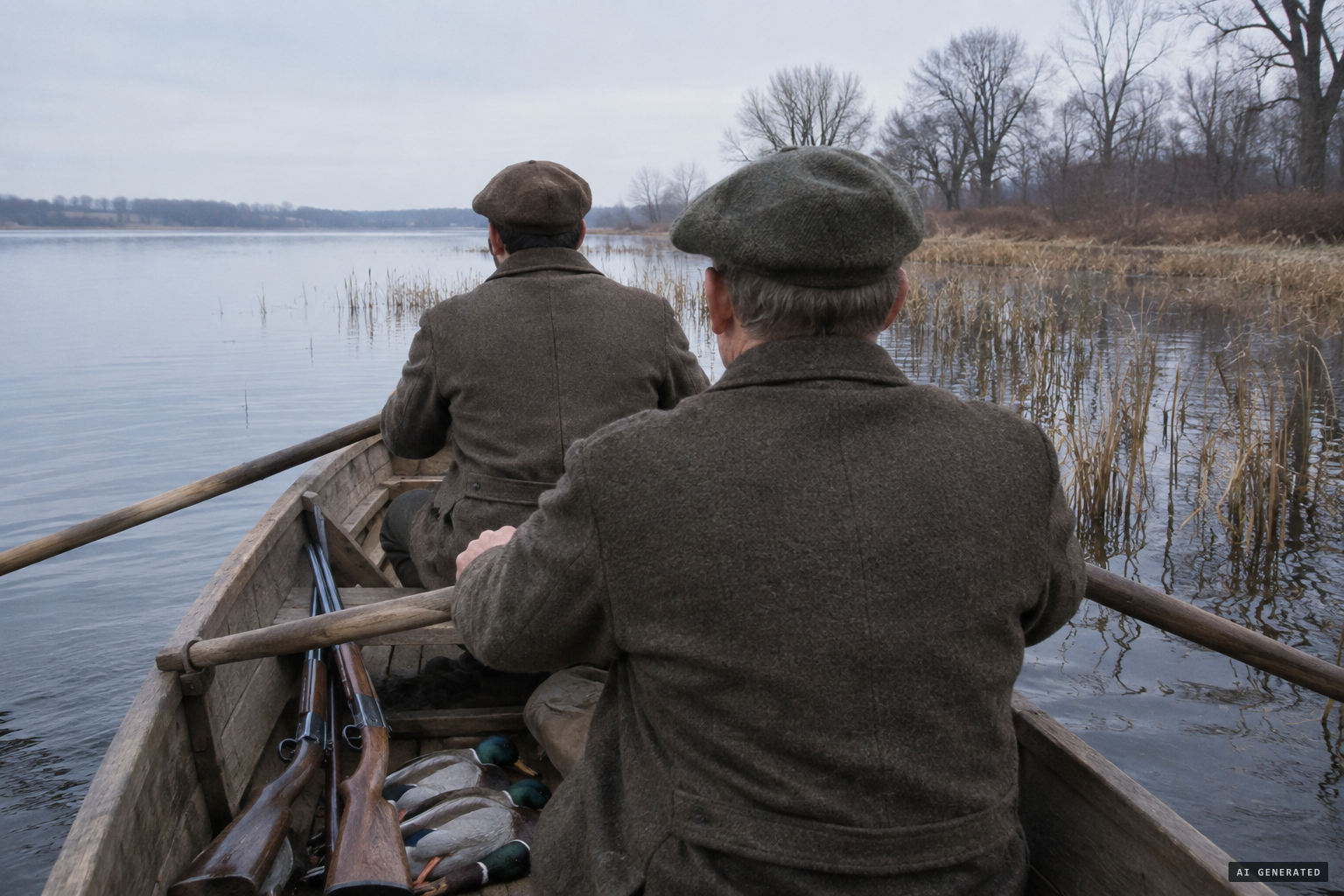 Sherman and his cousin Bartlett duck hunting in a rowboat along the bay's south edge