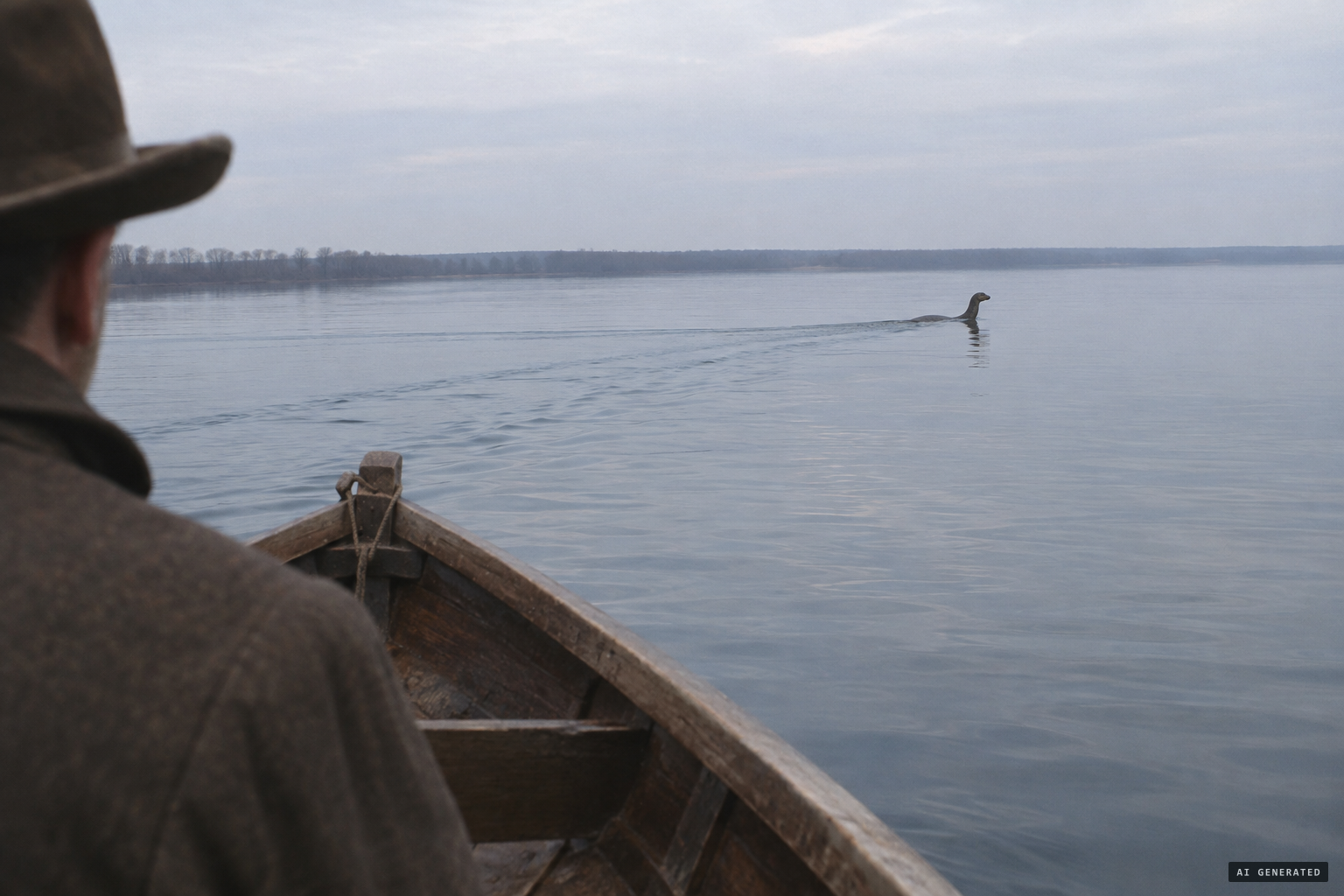 A huge snake-like object, head raised, swimming toward the center of the lake