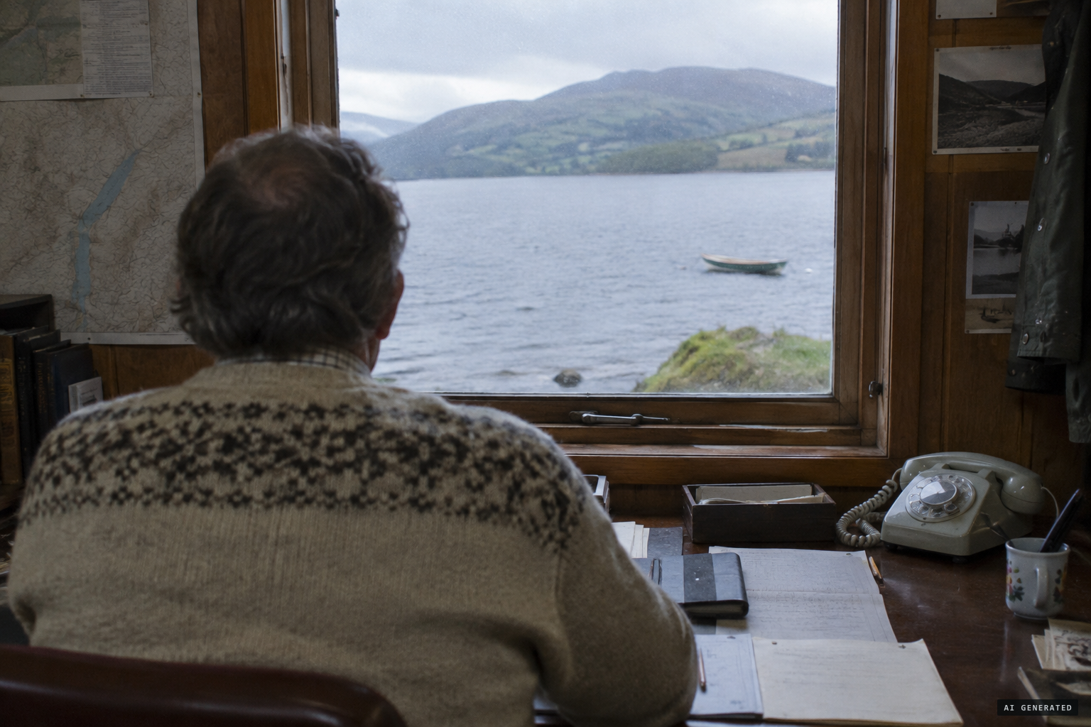 The lake warden looks out of his office window